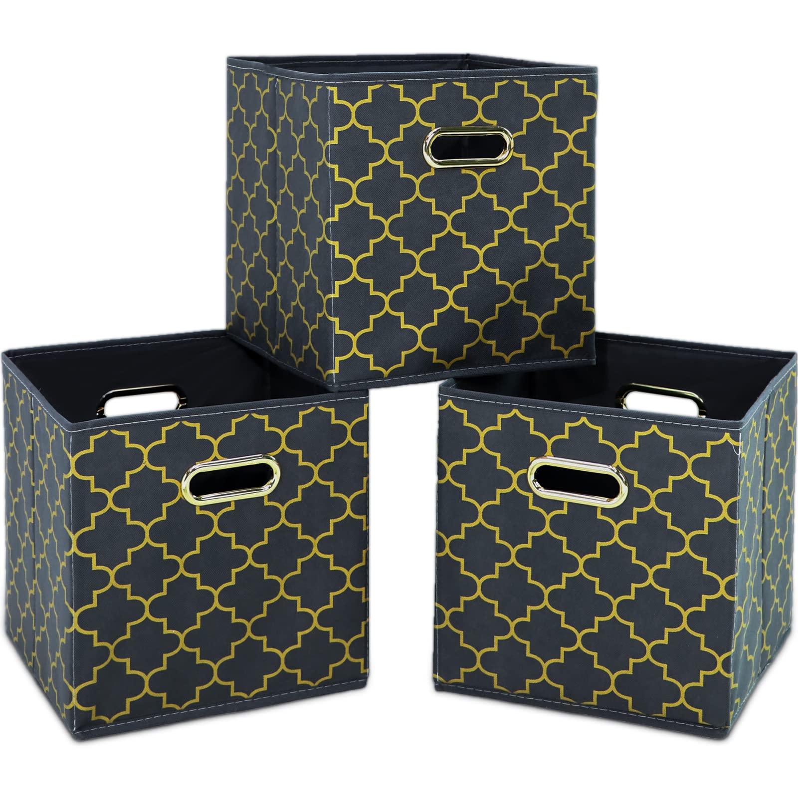 SEVENDOME Fabric Storage Bins Set of 3 - Foldable Cloth Cube Organizer with Dual Handles for Home, Bedroom, Closet & Office Organization (Grey Gold) | Perfect for Toys, Blankets, Books & Seasonal Storage