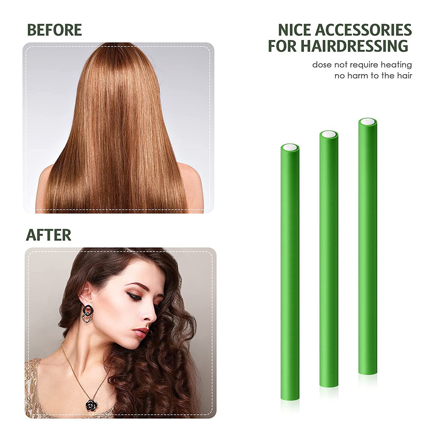 SIYAA 20 Pack Flexible Curling Rods - No Heat Soft Foam Hair Rollers & Twist Curlers with Steel Pintail Comb - Hair Styling Tools for Women & Girls (Green) - Perfect for Home Salon, DIY Hairstyles & Professional Styling
