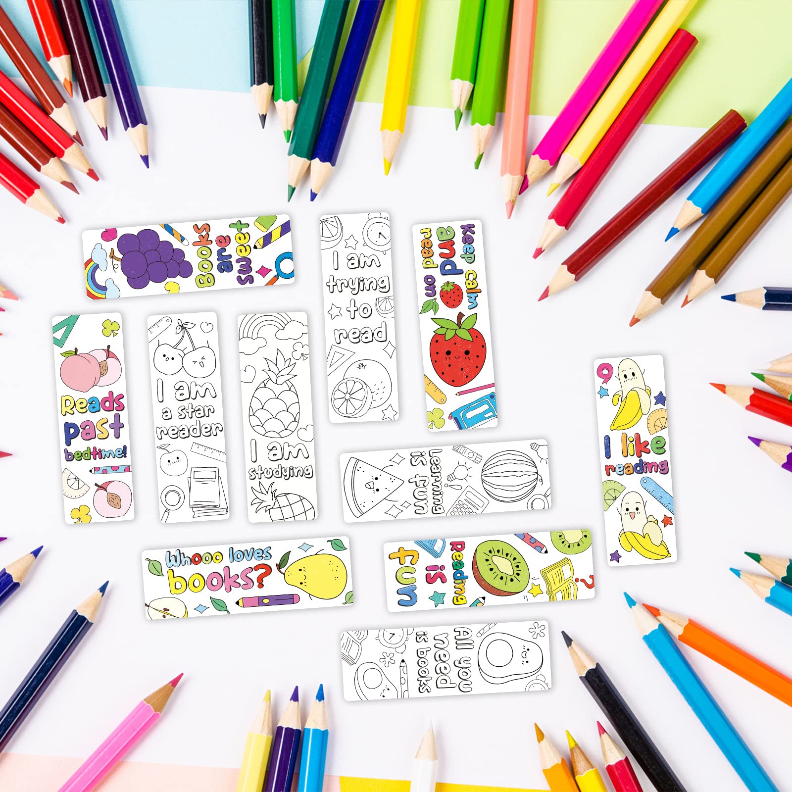 Anseal 120 PCS DIY Coloring Bookmarks Bulk Set - 12 Cute Fruit Designs for Kids, Teens & Reading Lovers - Fun Classroom Rewards & Student Gifts - Perfect for School Activities, Reading Programs & Book Club Favors