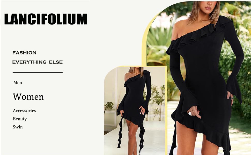 Lancifolium Women's One Shoulder Ruffle Long Sleeve Bodycon Mini Dress - Asymmetrical Sexy Party Dress for Spring Summer Night Out, Clubwear, Date Night, Cocktail Events
