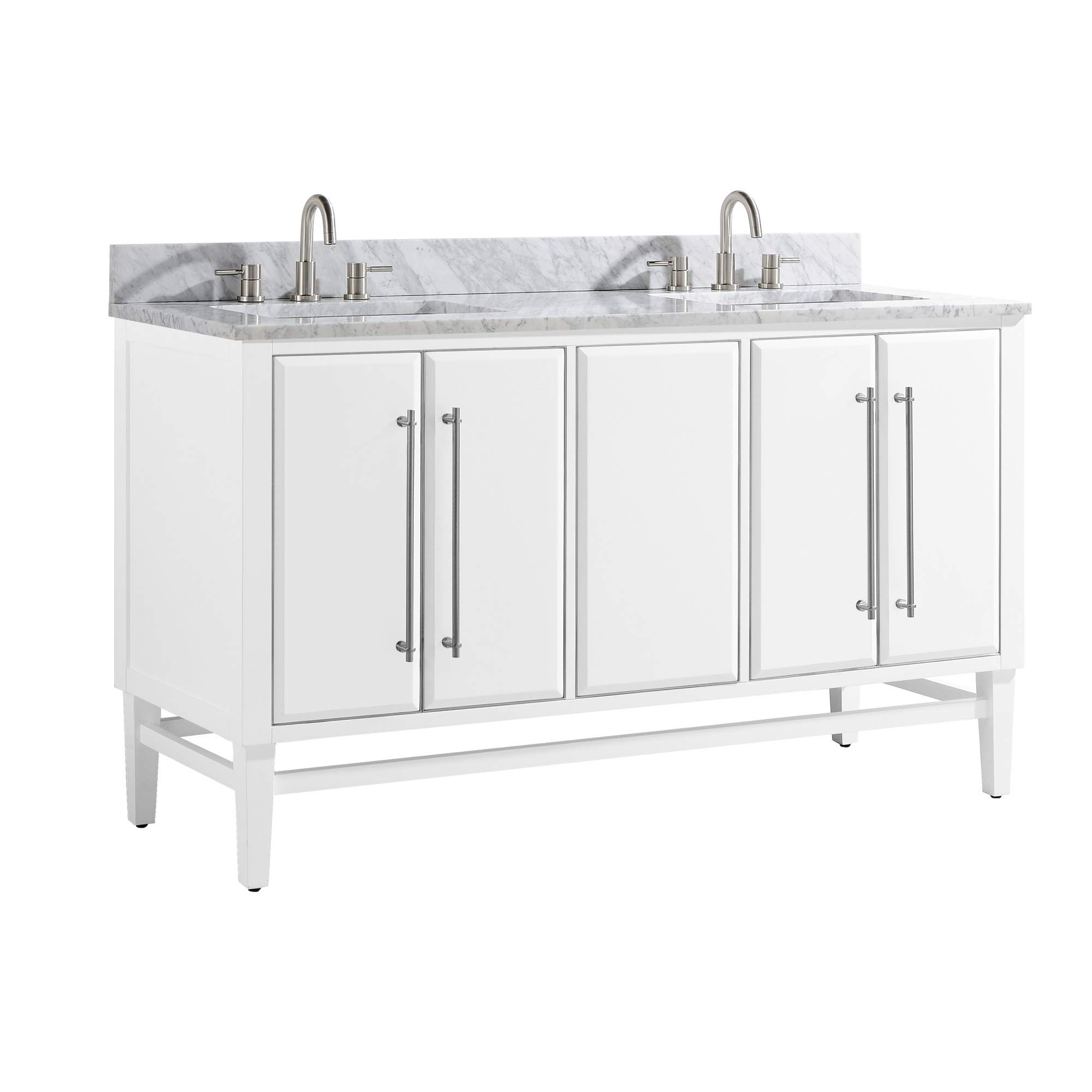 61-Inch White Bathroom Vanity Set with Silver Trim & Carrara White Marble Top - Modern Double Sink Vanity for Master Bathroom Remodel