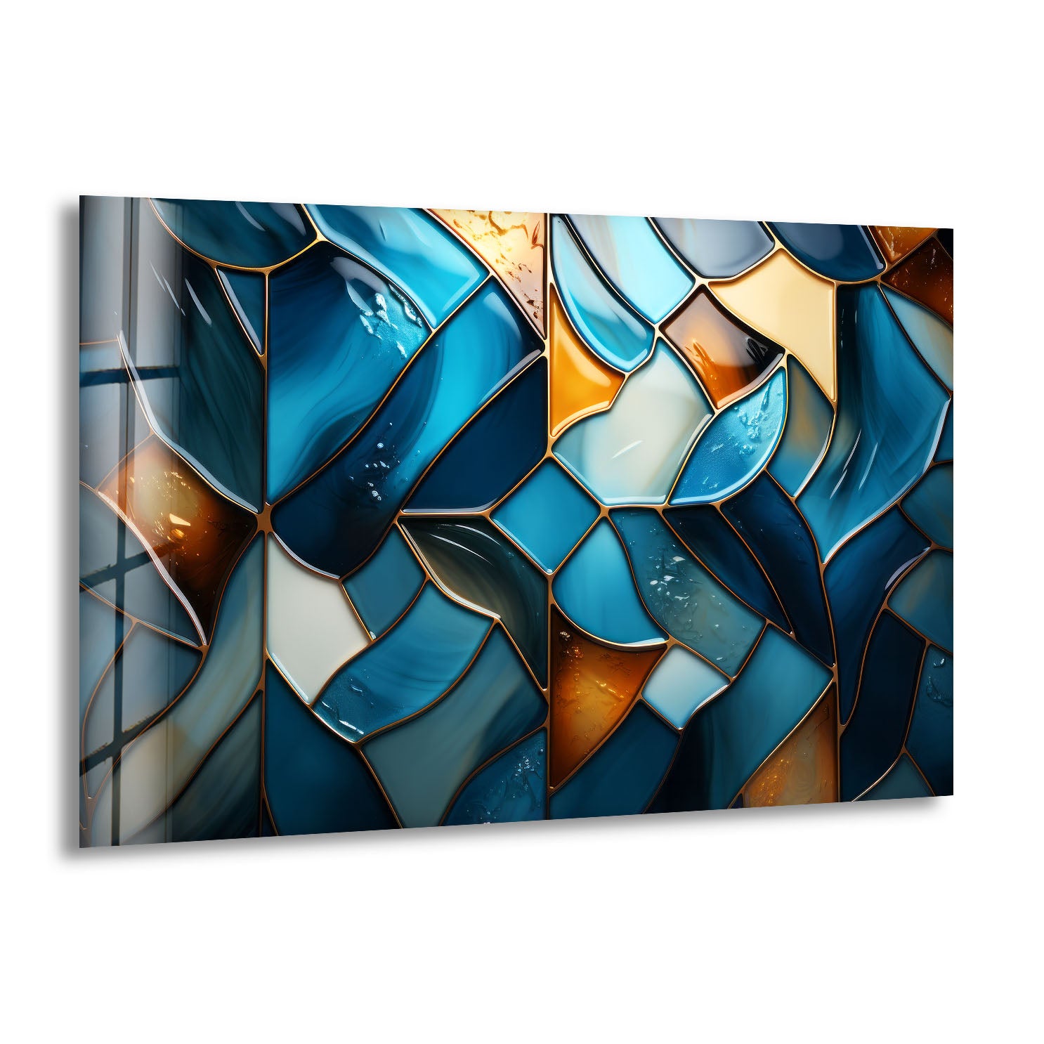 Blue Stained Glass Wall Art - Abstract Mosaic Glass Print Decor for Living Room, Bedroom & Office | Handmade Modern Home Decor