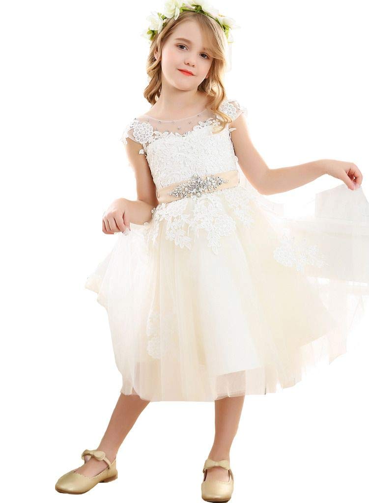 Vintage Lace Flower Embroidery Flower Girl Dress - Elegant Bow Design for Wedding, Baptism, First Communion & Special Occasions | Perfect for Formal Events, Church Ceremonies & Photo Shoots