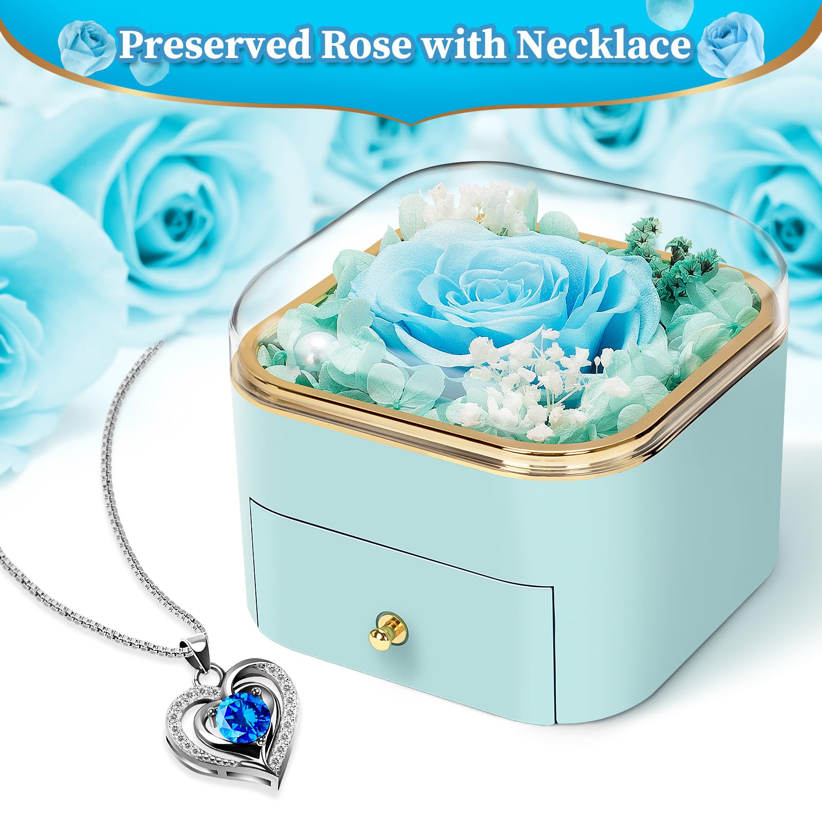 Eternal Rose Necklace Gift Set for Women - Preserved Real Rose with Heart Pendant, Birthday Anniversary Christmas Present for Wife, Girlfriend, Mom, Grandma (Blue) | Romantic Keepsake for Special Occasions