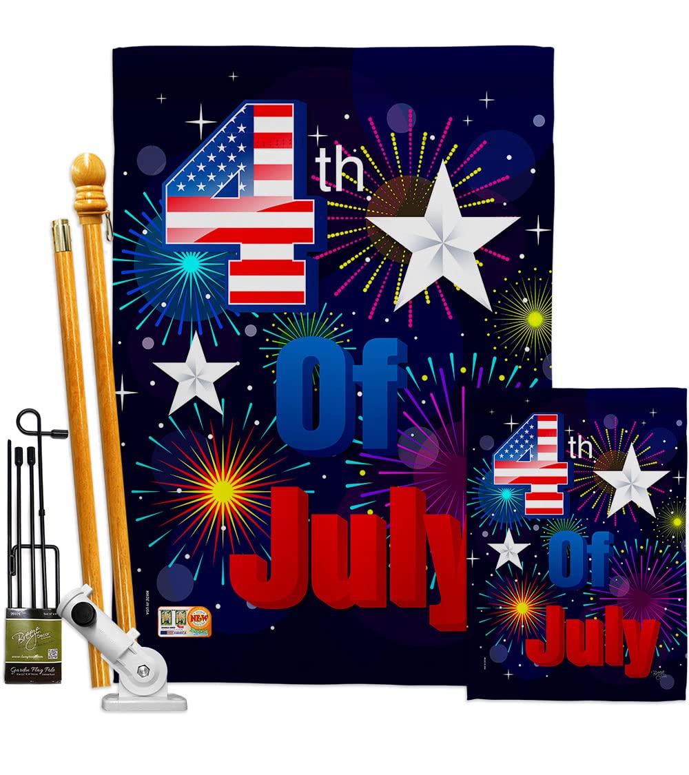 Breeze Decor FK111089-BO Fireworks Themed 4th of July Patriotic Decoration Kit - American Flag Vertical Set with Pole for Yard, Garden & Home Decor | Perfect for Independence Day Celebrations & Outdoor Parties