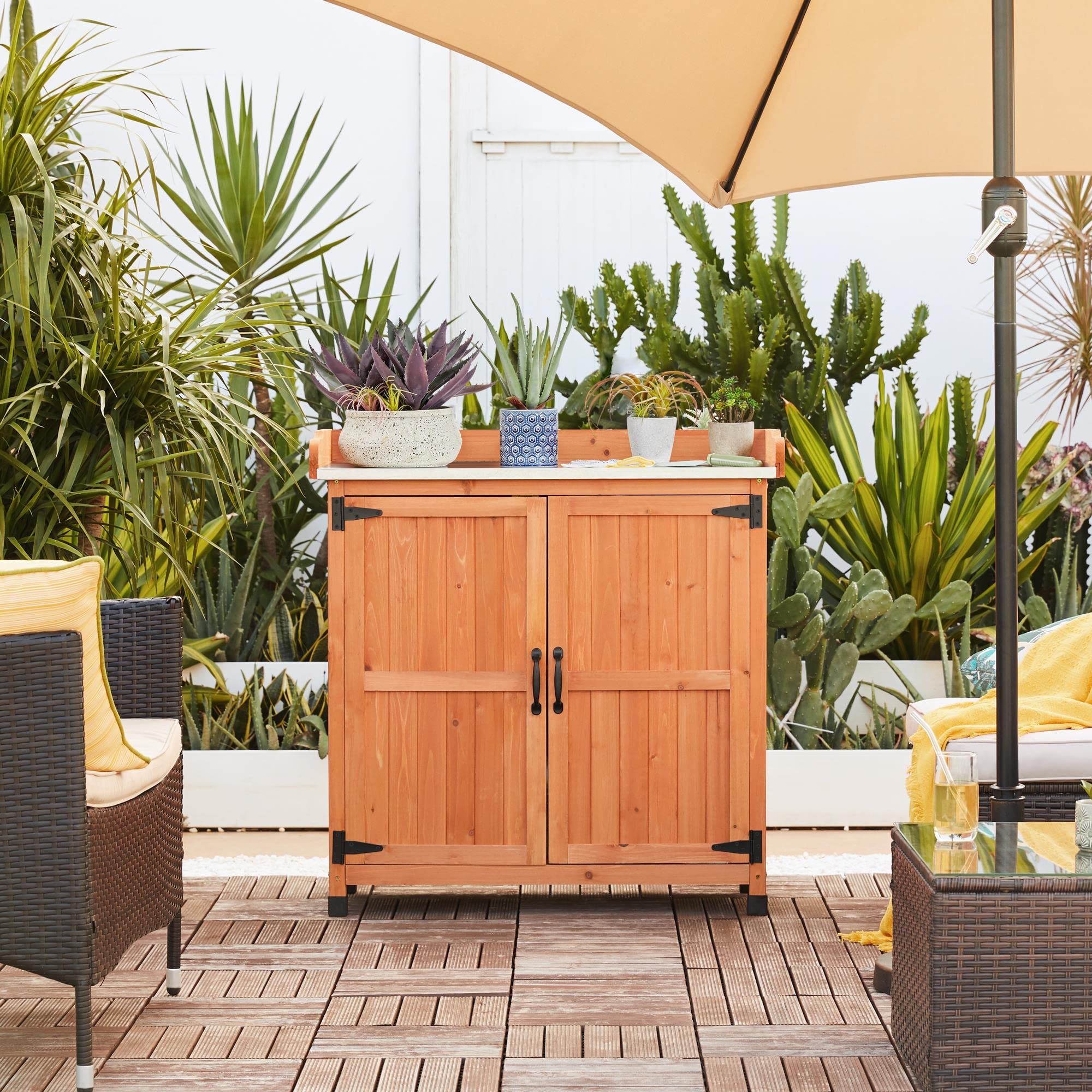 Yaheetech Outdoor Garden Potting Bench - Solid Wood Planting Work Table with Storage Cabinet & Metal-Plated Tabletop for Patio, Gardening, and DIY Projects - Perfect for Organizing Tools, Pots, and Supplies in Your Backyard or Greenhouse