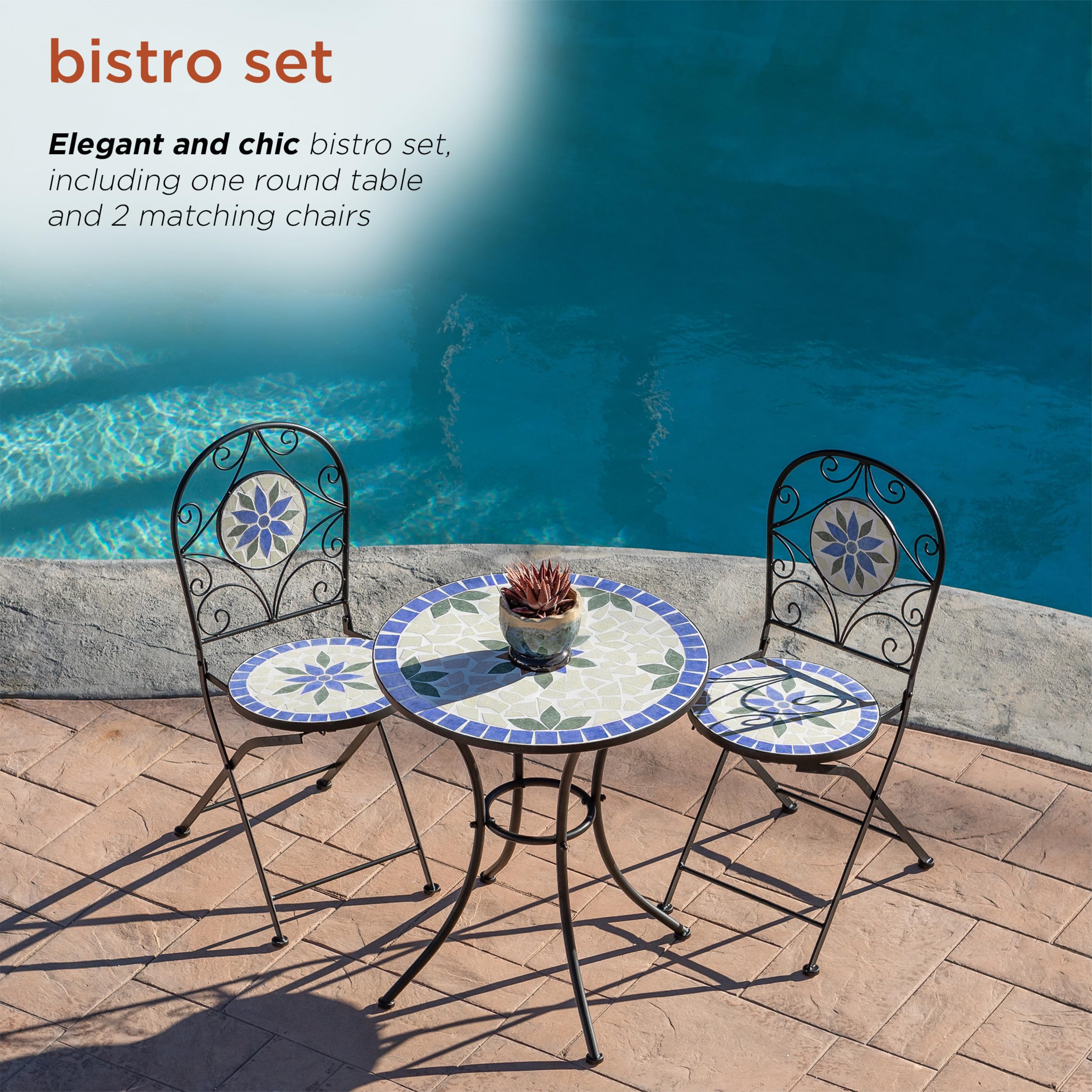 Alpine Corporation 3-Piece Blue and Beige Mosaic Bistro Set - Outdoor Patio Dining Furniture for Garden, Balcony & Backyard