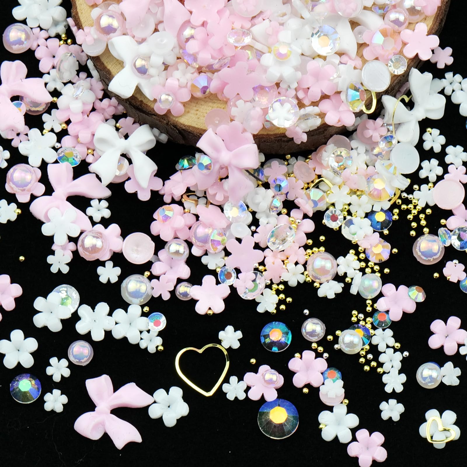 CESUSME 3D Flower Bows Nail Charms - Pink White Bowknot Flowers & Golden Round Beads for Nail Art DIY - Perfect for Junk Case, Manicure, Salon, and Party Nail Designs