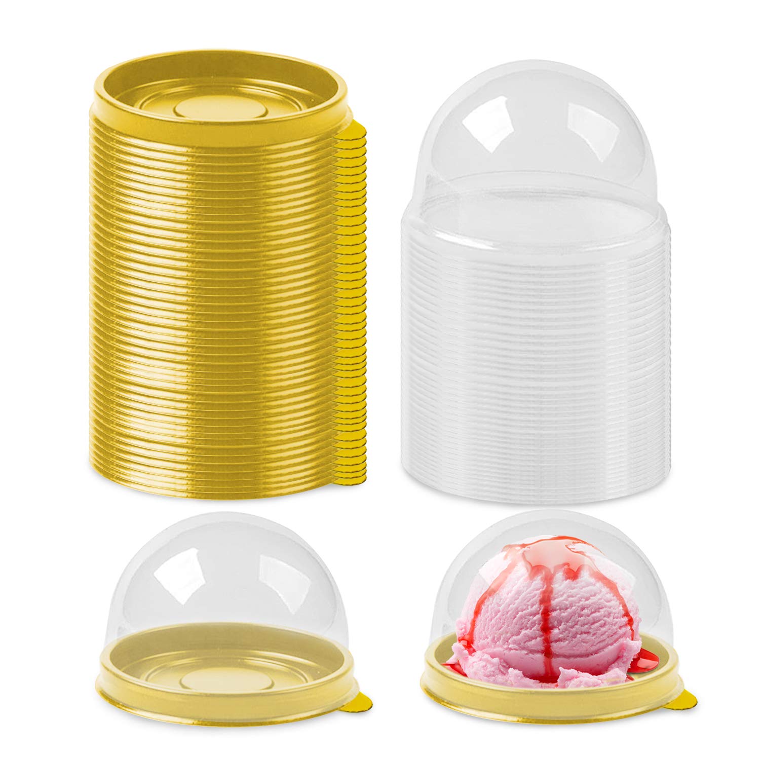 100-Piece Clear Plastic Mini Cake Boxes for Muffins & Cookies - 2 Inch Gold Dome Containers for Wedding, Birthday, and Party Desserts | Perfect for Bakery Display, Gift Packaging, and Event Favors