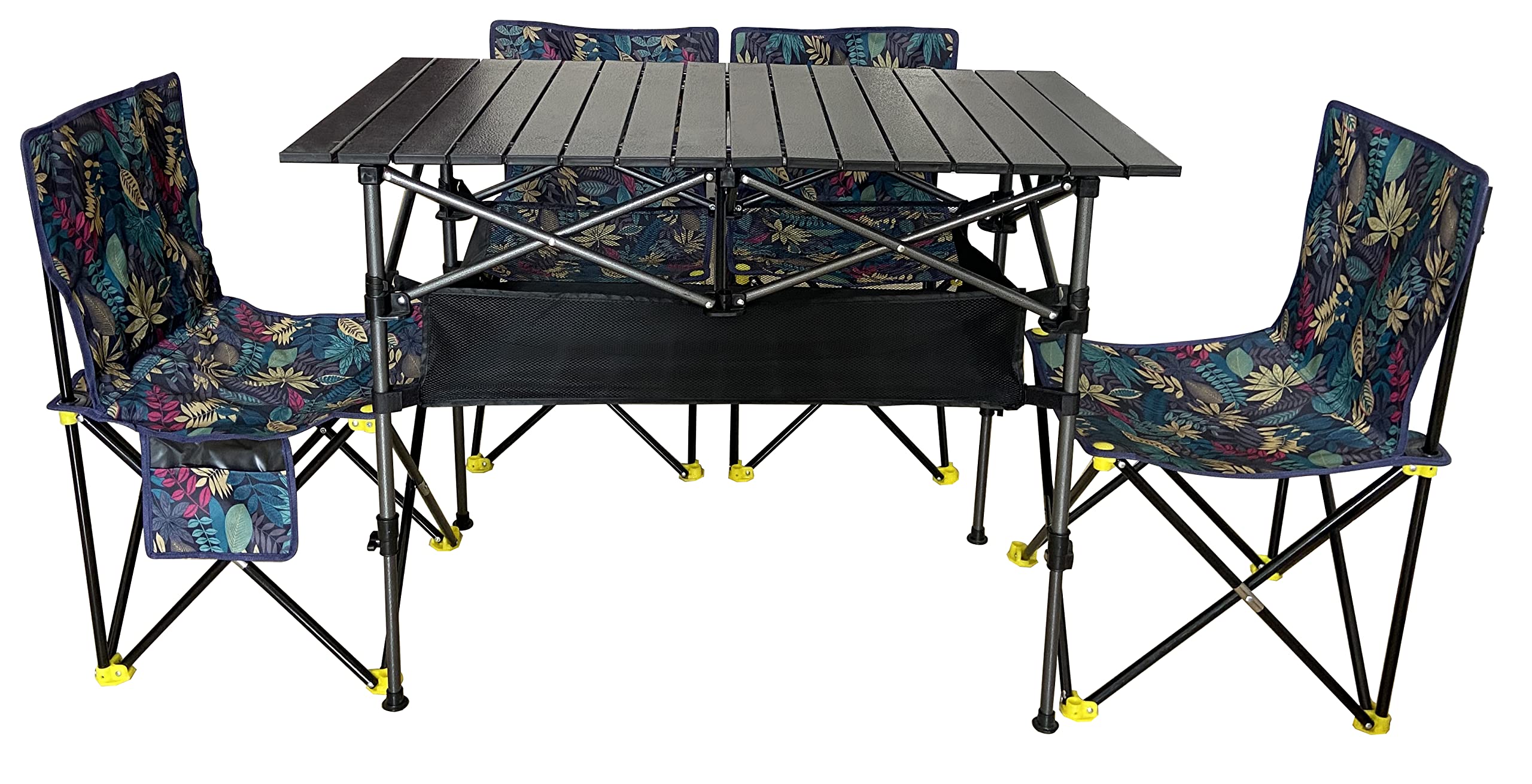 Foldable Portable Camping Table with 4 Folding Chairs - Adjustable Height 20-28in, 37in Length - Includes Storage Net & Carrying Bag - Lightweight Aluminum Beach & Picnic Table for Outdoor, Backyard, BBQ, Tailgating & Beach Parties