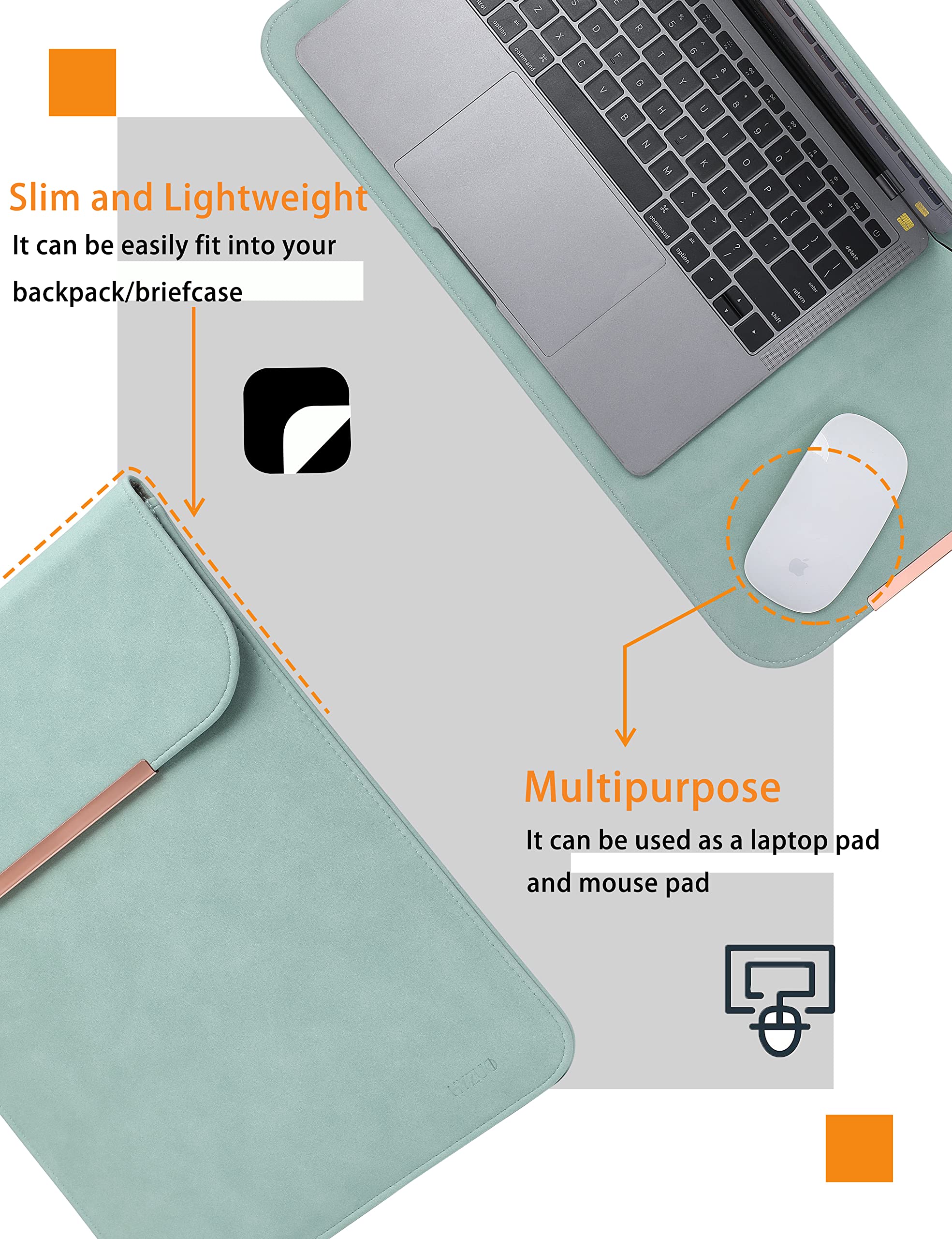 Premium 13-14 Inch Laptop Sleeve for MacBook Pro 14 M2/M1 & MacBook Air 13 - Faux Suede Leather Case with Rose Gold Metal Trim (Mint Green) - Perfect for Work, Travel & School Protection