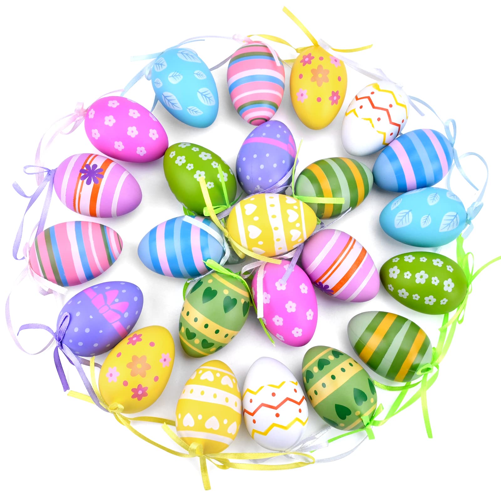 24Pcs Colorful Plastic Easter Egg Hanging Ornaments - Spring Tree Decorations for Kids, Home & Outdoor Party | Easter Basket Fillers, Garden Decor, Holiday Party Favors