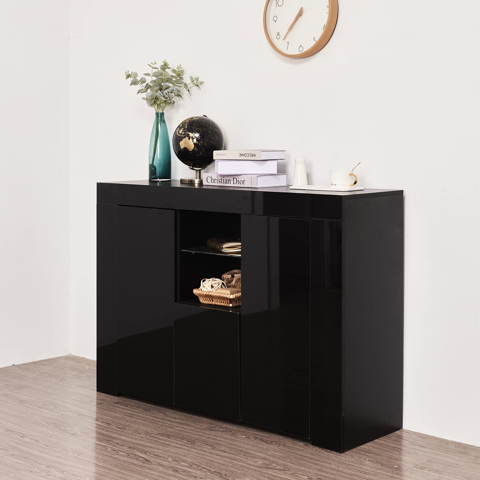 Modern Black Kitchen Sideboard with LED Lights - Dining Room Buffet Storage Cabinet with 2 Doors & Drawers - Perfect for Hallway, Living Room & Home Organization