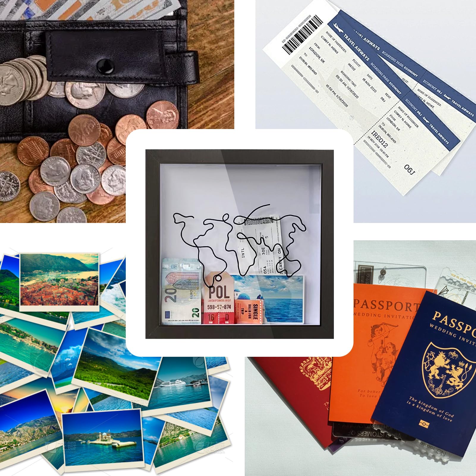Adventure Archive Box - 12 Inch Black Wooden Travel Shadow Box with Slots, World Map Souvenir Organizer & Keepsake Display Frame - Perfect for Travel Memories, Ticket Stubs, Postcards & Vacation Mementos
