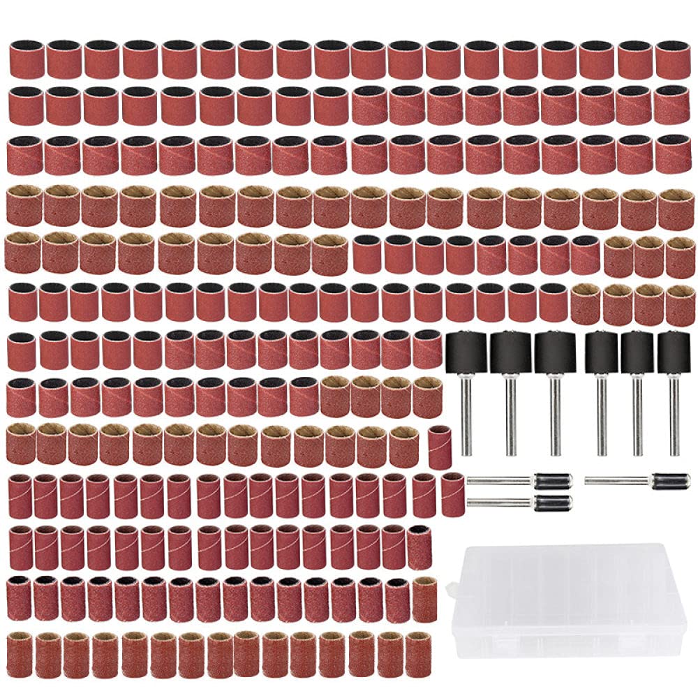 338-Piece Drum Sanding Kit with 80/120/320 Grit Sanding Bands - Compatible with Rotary Tools (2.35mm & 3.175mm Shank Mandrels) - Includes 12.8mmx6.35mm/9.5mm/12.7mm Sanding Drums & Plastic Storage Box - Perfect for Woodworking, Metal Polishing & DIY Crafts