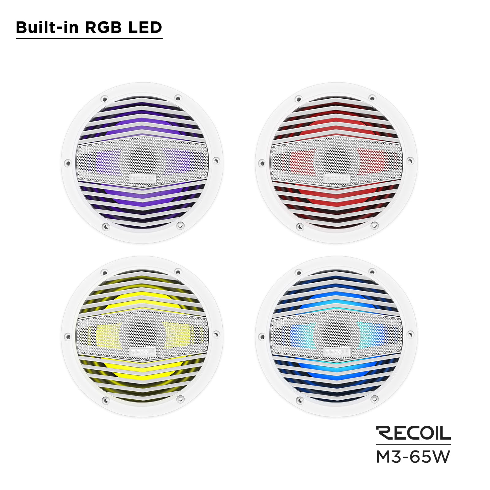 RECOIL M3-65W 6.5 Inch 2-Way Marine Boat Coaxial Speakers with Built-in RGB LED Lights - Pair of 4Ohm 210W Max Waterproof White Speakers for Boats, Yachts & Outdoor Marine Audio Systems