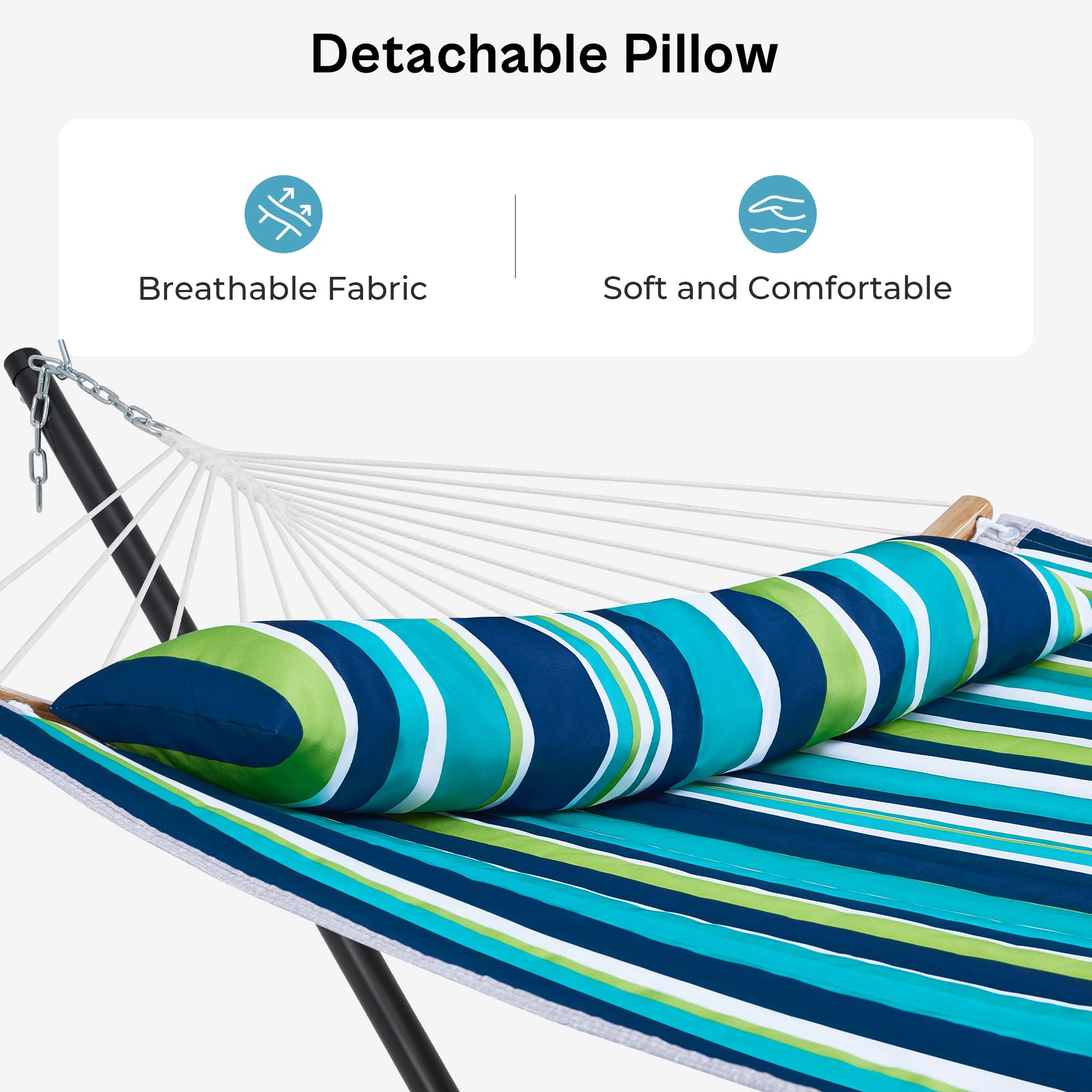SUPERJARE 2-Person Heavy Duty Hammock with Stand - Padded Cotton, Detachable Pillow & Portable Carrying Bag - Sturdy Curved-Bar Design for Indoor/Outdoor Use - Dark Cyan - Perfect for Backyard, Camping & Patio Relaxation