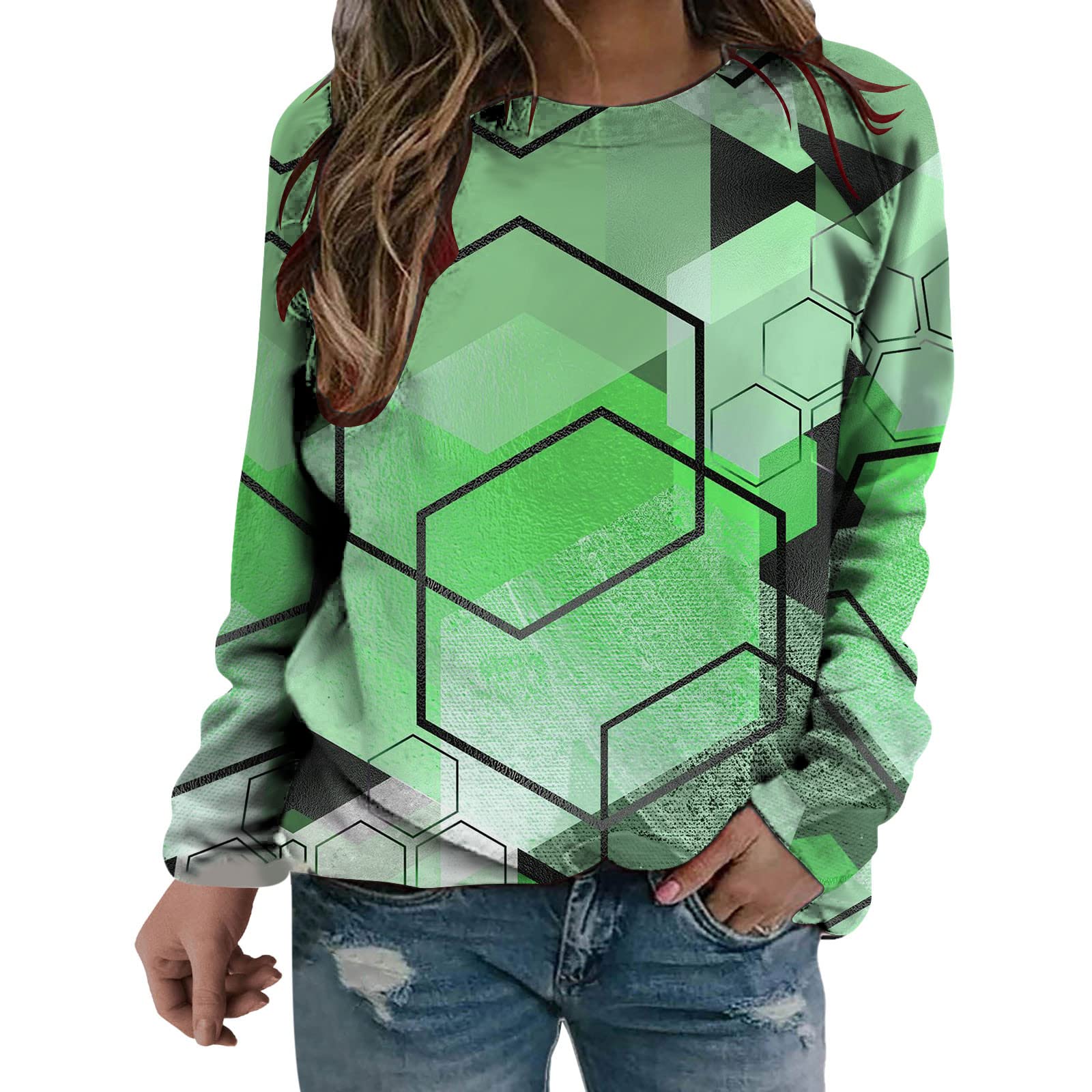 Women's Long Sleeve Geometric Rhombus Print Crewneck Pullover Top - Casual Work Blouse & Loose Tunic Shirt for Office, Dating & Everyday Wear