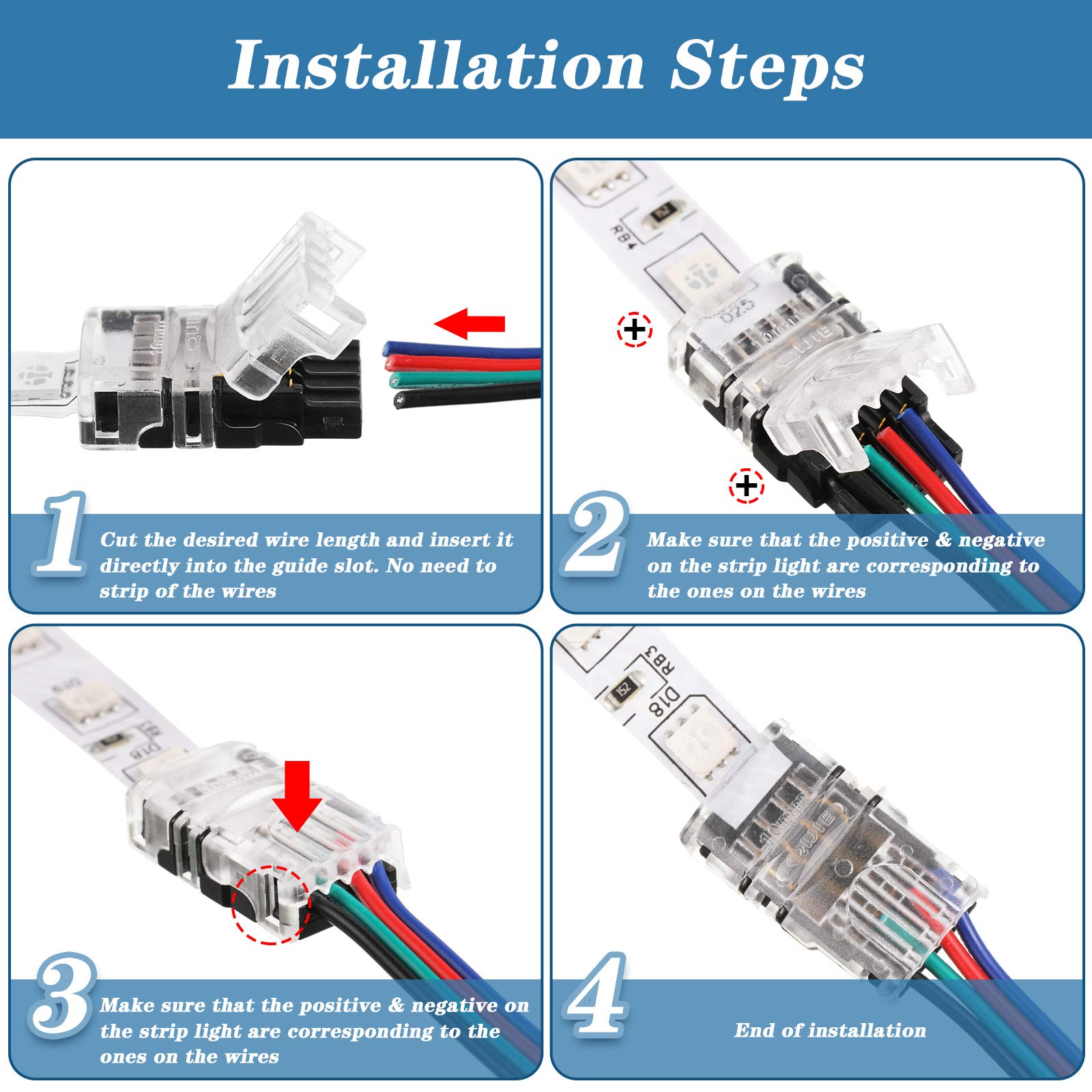 20-Pack 4-Pin Waterproof LED Strip Connectors for 10mm RGB 5050 LED Lights - Includes 2x 16.4ft Extension Cables - Perfect for Home Theater Lighting, Under Cabinet LED Strips, and DIY Lighting Projects