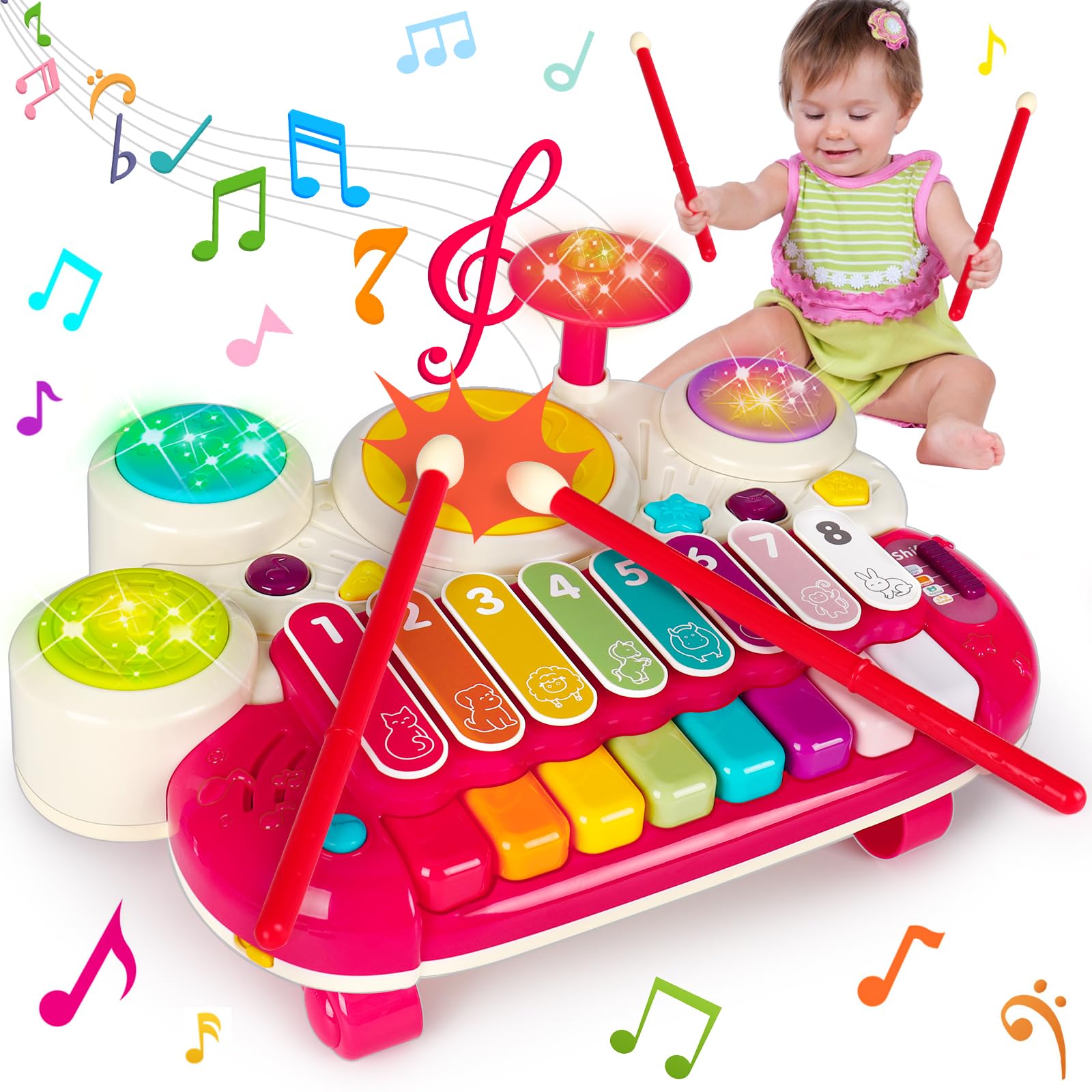 3 in 1 Musical Toys for Toddlers 1-3 Years Old - Piano Xylophone Drum Set, Early Learning Developmental Sensory Toys for 1 2 3 Year Old Boys & Girls, Perfect Birthday Gift for Babies - Great for Home Play, Preschool Learning & Music Exploration
