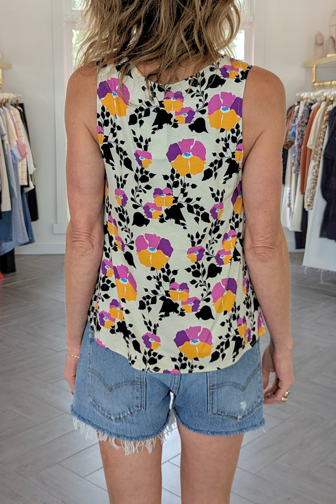 Dierdre Tank Top | Mix Damier Print Women's Casual T-Shirt for Summer Outfits and Layering