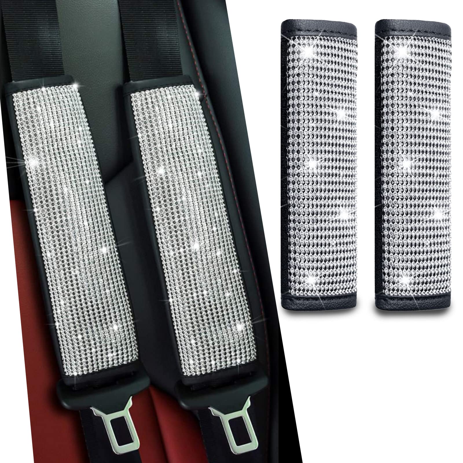 Bling Seat Belt Covers 2-Pack - Universal Car Accessories for Women - Silver (SUV/Truck/Car) - Comfort & Style Driving