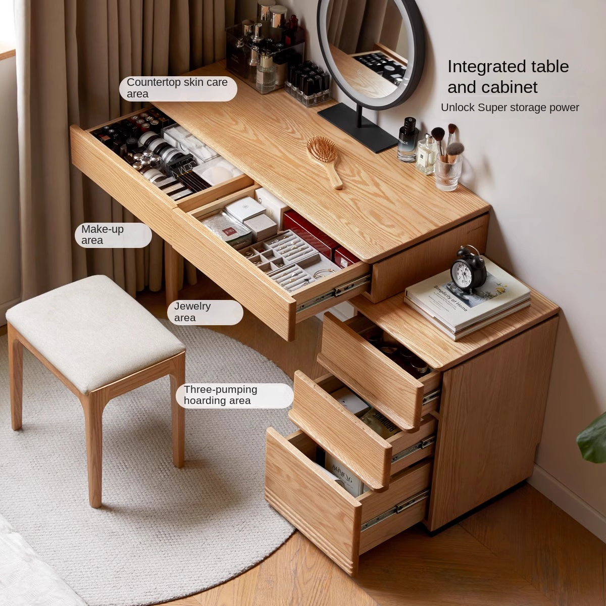 Modern Oak Solid Wood Retractable Dressing Table - Vanity Makeup Desk with Mirror for Bedroom & Home Decor