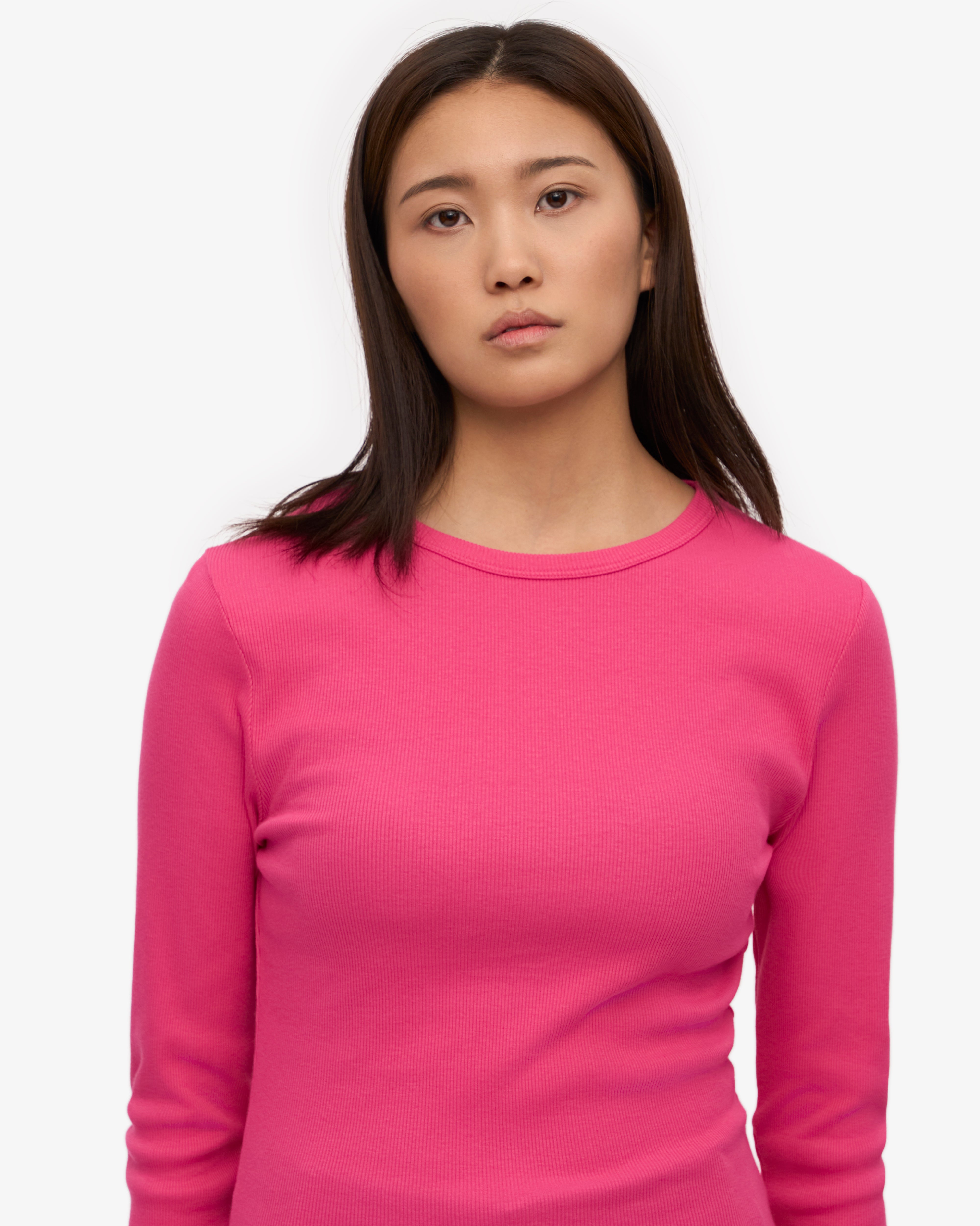 Organic Women's Long Sleeve Ribbed T-Shirt - Bubblegum Pink | Soft Cotton Comfort Fit for Casual Wear & Layering