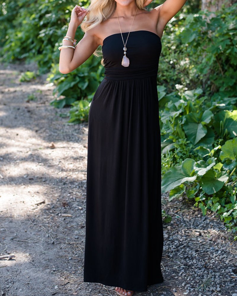 Ofenbuy Women's Off The Shoulder Maxi Dress - Summer Strapless Bandeau Long Dress with Pockets | Beach Wedding, Vacation, Party Wear