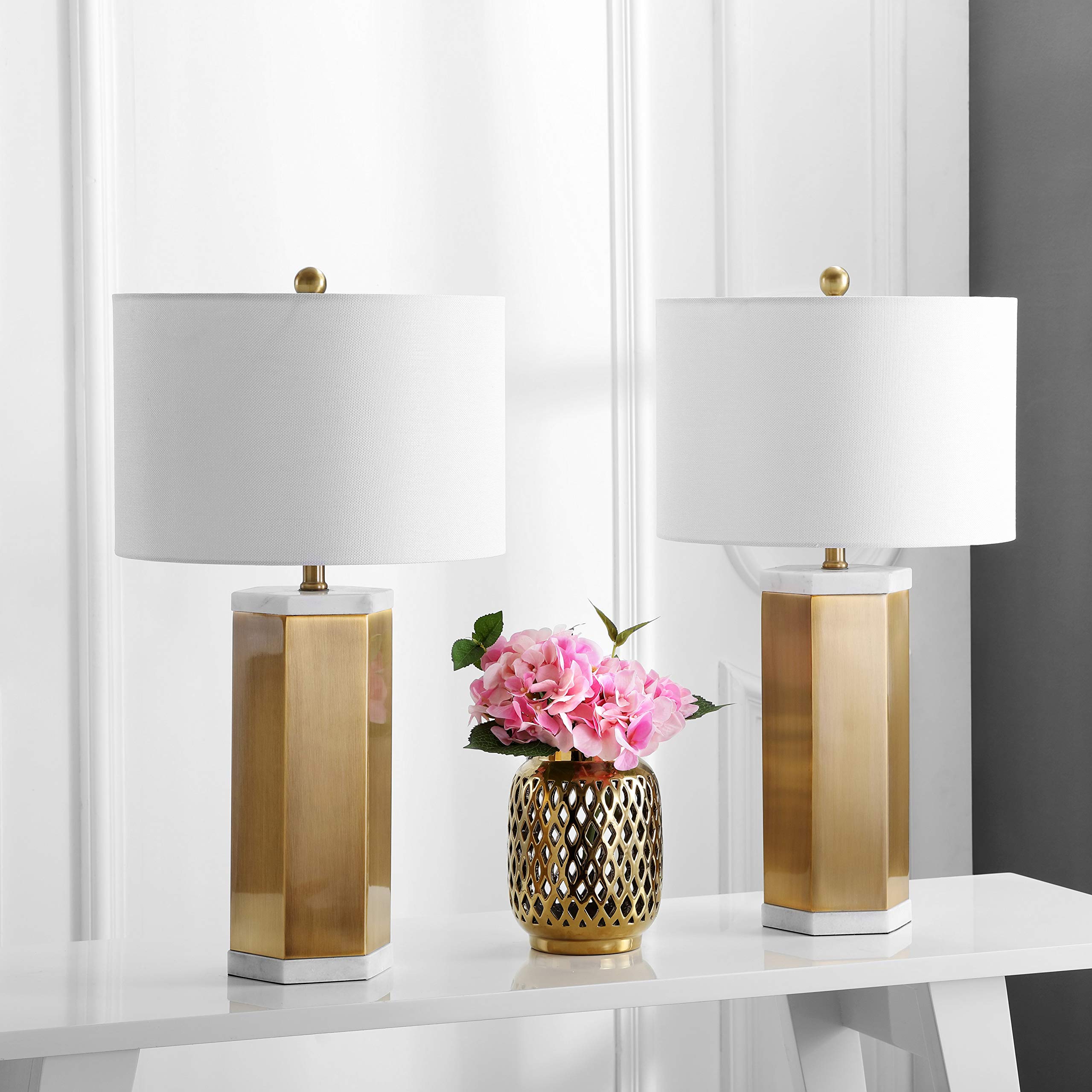 SAFAVIEH Alya 28-inch Table Lamp Set of 2 - White & Brass Gold Finish with LED Bulbs Included - Perfect for Bedroom, Living Room, Home Office & Nightstand Lighting