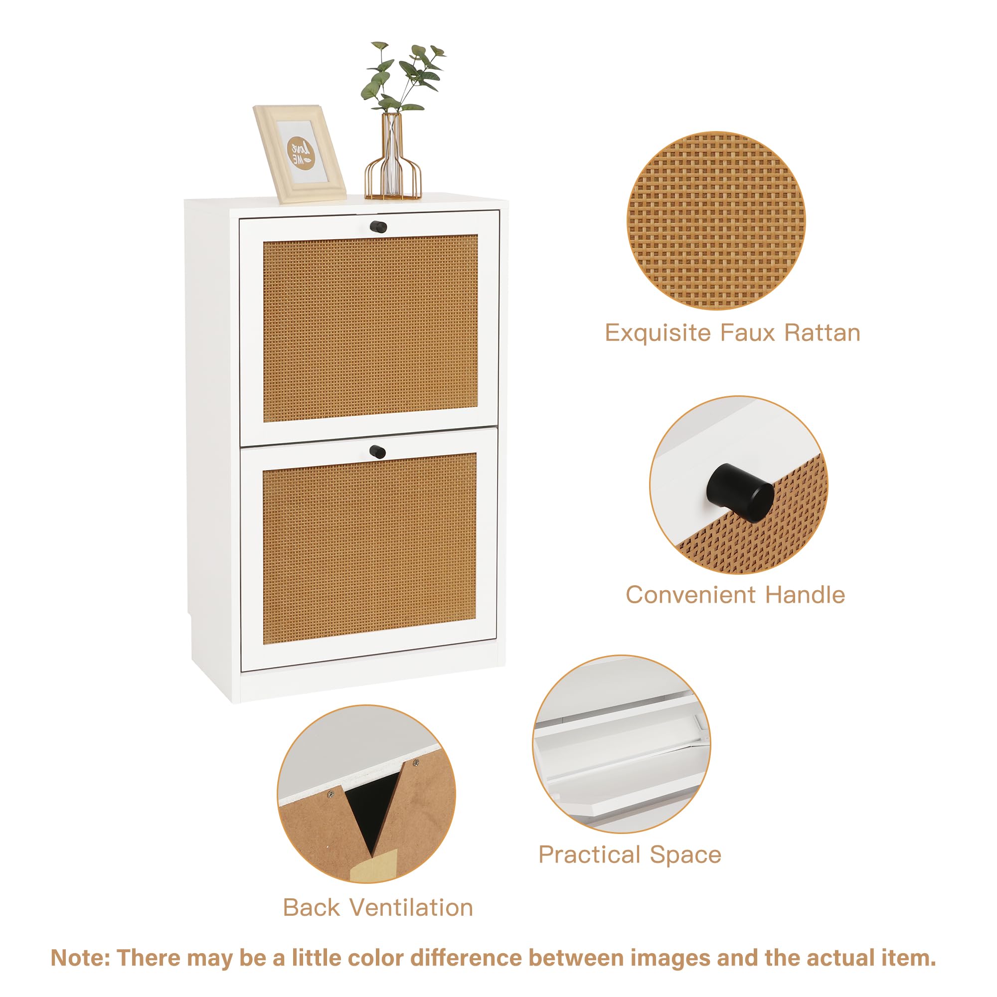 Anmytek White Rattan Shoe Cabinet - 2-Tier Wooden Shoe Rack with 2 Flip Drawers, Entryway Storage Organizer for Hallway, Living Room & Bedroom (Model S0002) - Perfect for Small Spaces, Apartment Entryways & Shoe Organization