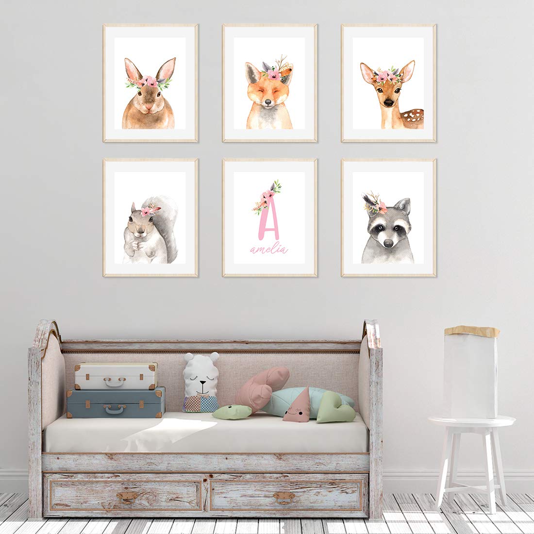 Personalized Nursery Wall Art for Girls - Rustic Forest Floral Animal Theme (6-Pack Unframed 8.5x11