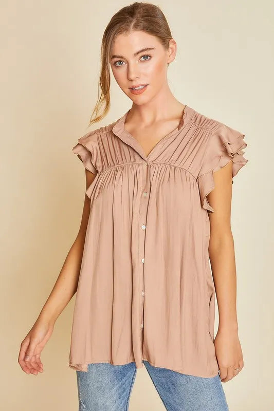 Ruffle Sleeve Shirred Flowy Woven Tunic Shirt for Women - Elegant Summer Blouse for Beach, Office & Casual Outings