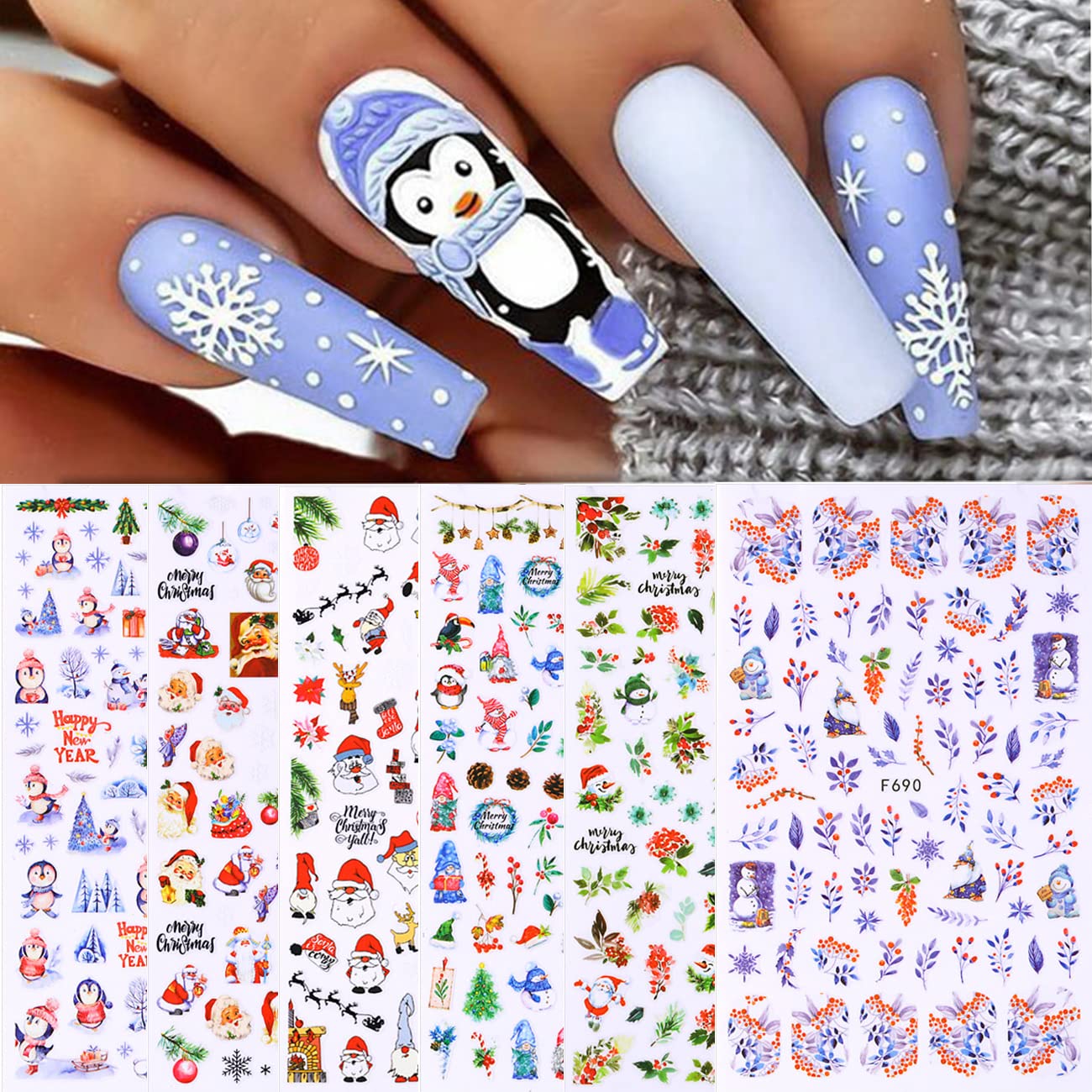 6 Sheets Christmas Nail Art Stickers - Snowflakes, Snowman, Reindeer & Santa Claus 3D Self-Adhesive Winter Nail Decals for DIY Manicure | Perfect Holiday Nail Decor for Women, Girls & Kids | Great for Christmas Parties, Gifts & Festive Nail Art Designs