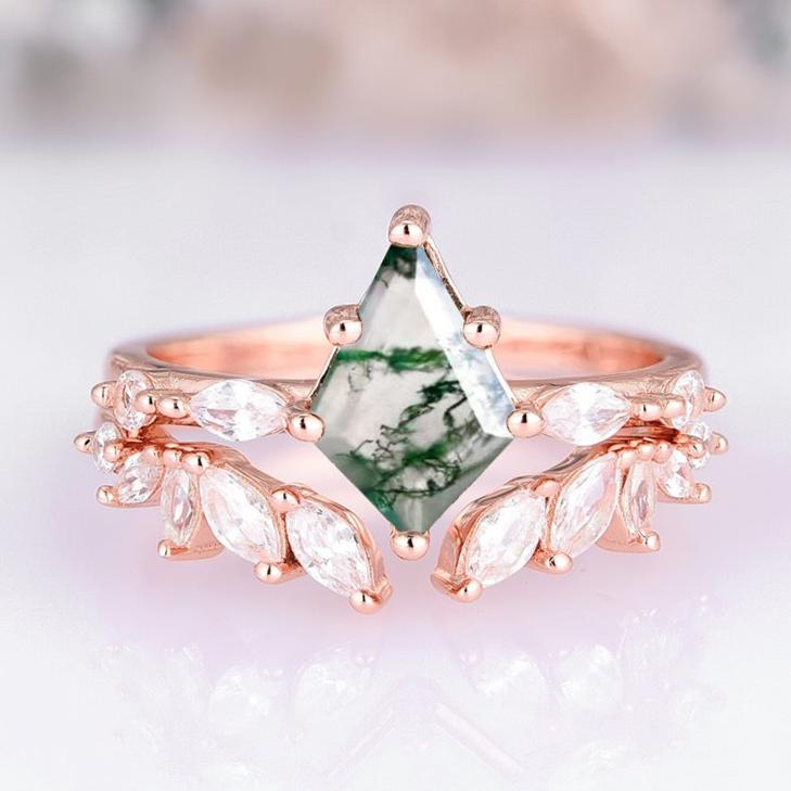 14K Rose Gold Vermeil Kite Green Moss Agate Ring Set for Women - Elegant Gemstone Jewelry Gift for Birthday, Anniversary & Special Occasions