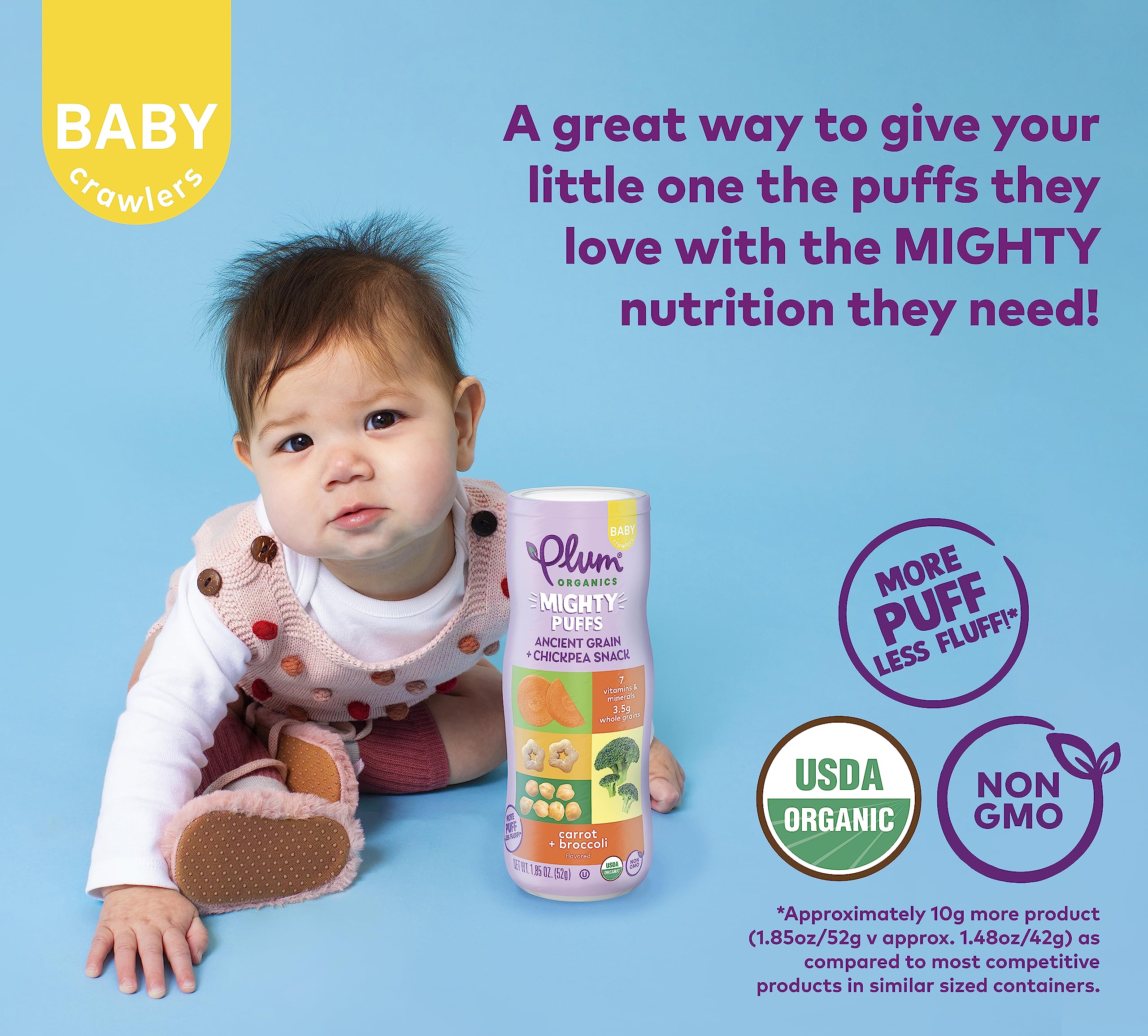 Organic Baby Food Snacks - Plum Organics Mighty Puffs Carrot & Broccoli - 1.85oz Canister with Ancient Grains & Chickpeas - Healthy Toddler Snack for On-the-Go, Daycare & Travel