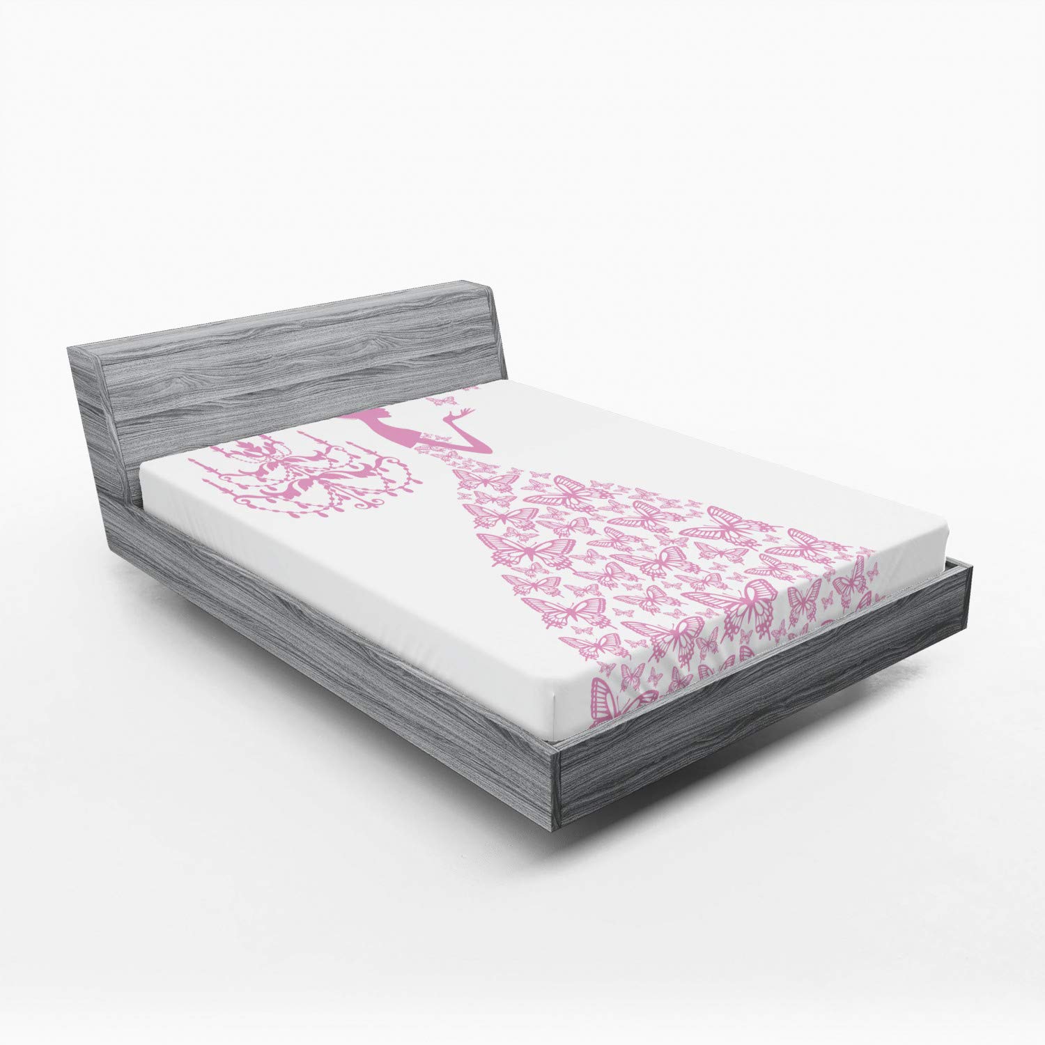 Ambesonne Love Fitted Sheet Full Size - Pink & White Cartoon Butterfly Fairy Tale Design, Deep Pocket Elastic Bed Cover for Comfort | Perfect for Kids' Rooms, Guest Beds & Romantic Bedroom Decor