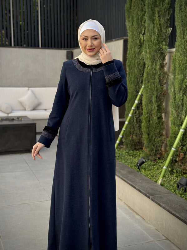 Elegant Woolen Jilbab with Intricate Embroidery & Luxe Faux Fur Trim - Perfect for Modest Fashion, Winter Wear & Special Occasions