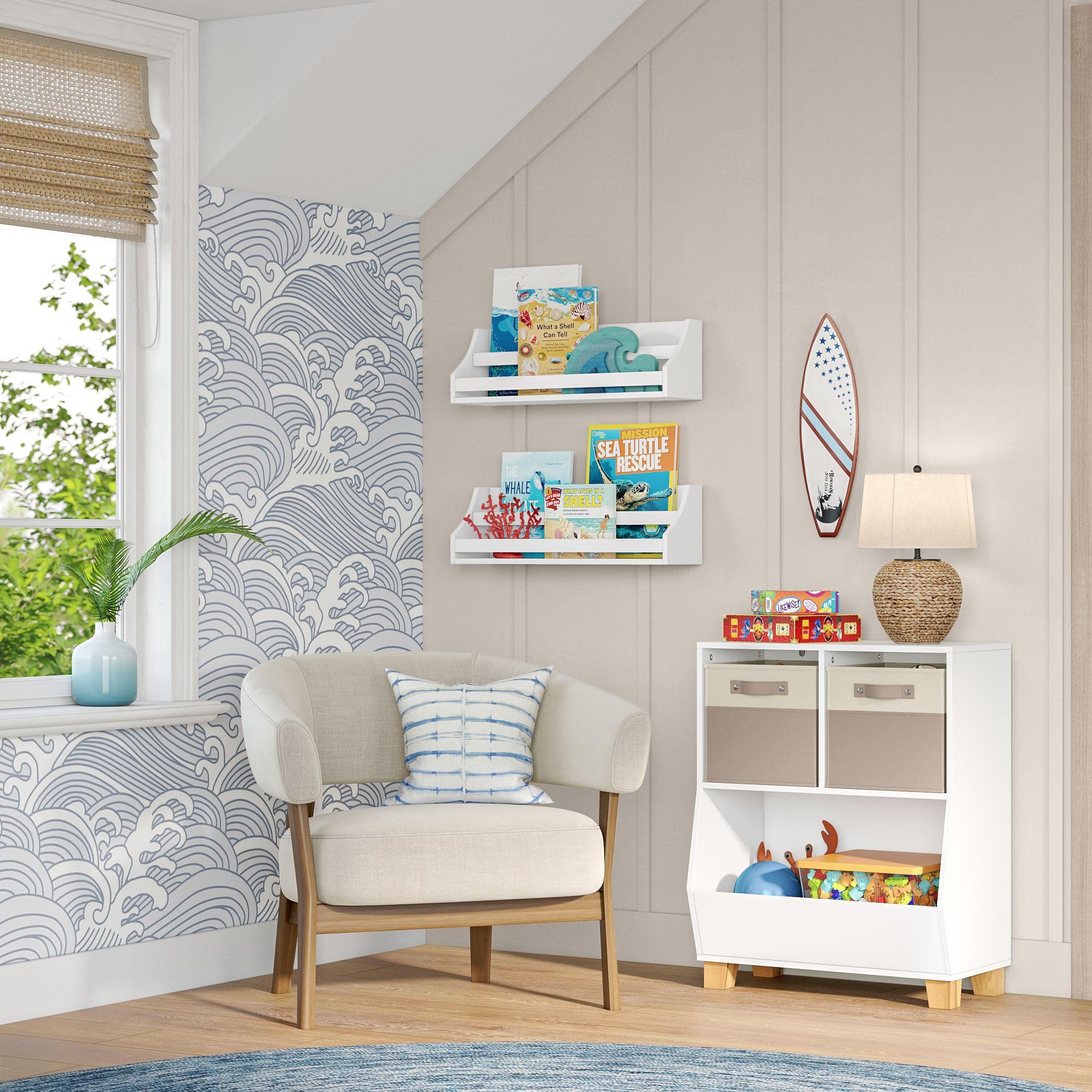 RiverRidge Kids Book Nook Wall Bookshelf Set (2 Pack) - White Floating Shelves for Nursery, Playroom & Living Room - Spacious Book Storage for Children's Books, Photo Albums & Keepsakes - Easy to Assemble & Mount - Perfect for Bedroom Decor, Classroom Organization & Gift Ideas