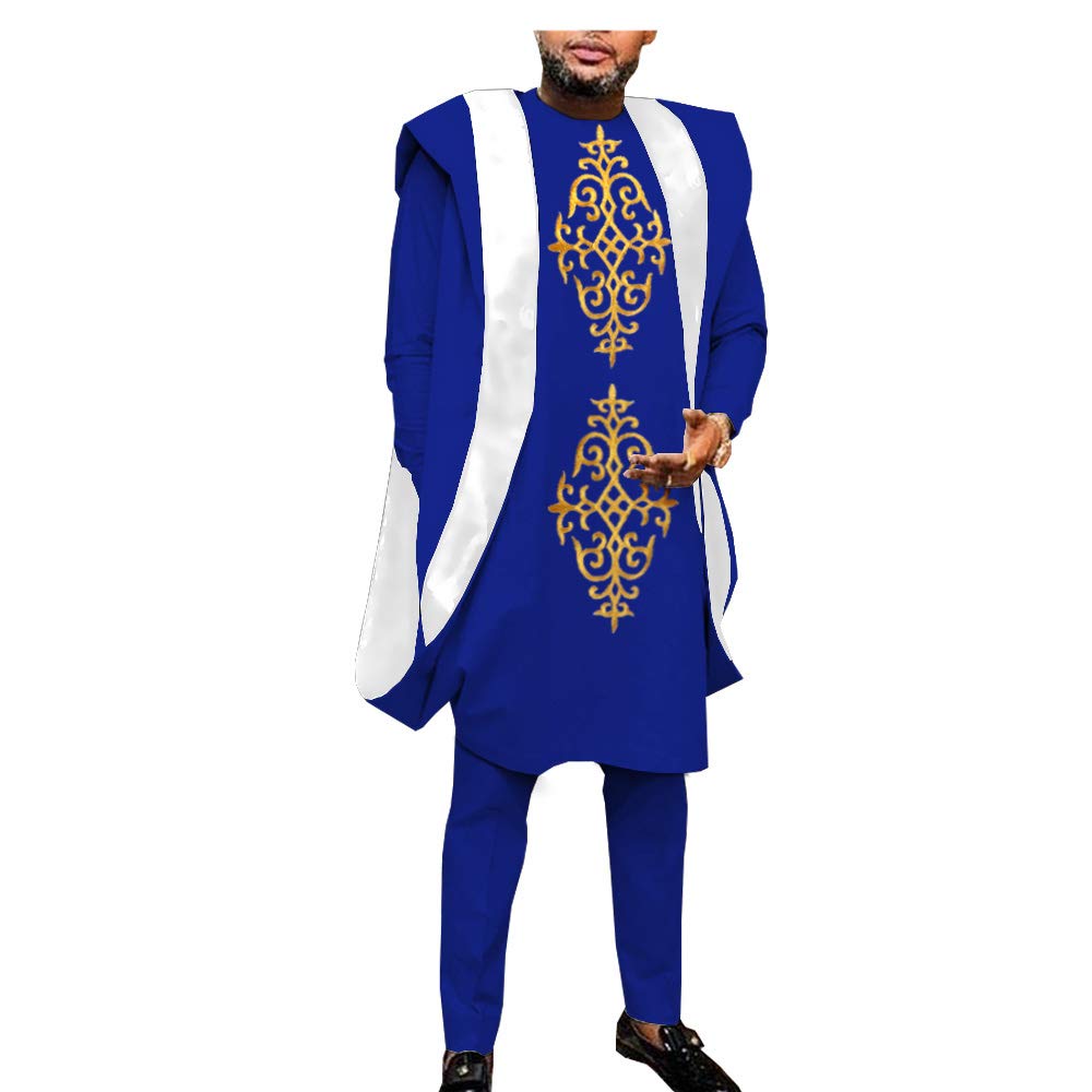 **African Dashiki Outfits for Men - 3 Piece Set with Embroidery Agbada Robe, Coats, Shirts & Pants | Plus Size Traditional African Clothing for Weddings, Parties & Cultural Events**