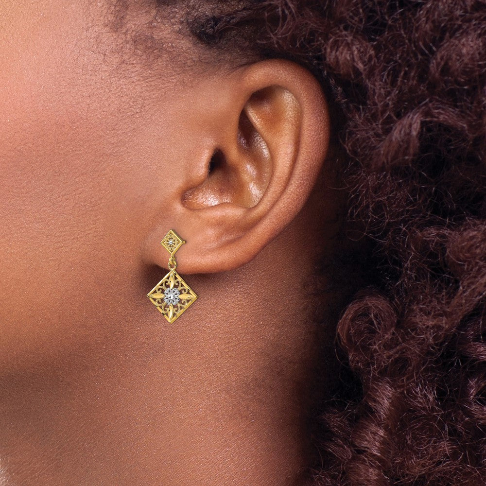 Gold Diamond Cut Square Filigree Dangle Earrings TE934 - Elegant Vintage Jewelry for Women, Perfect for Weddings, Parties & Special Occasions