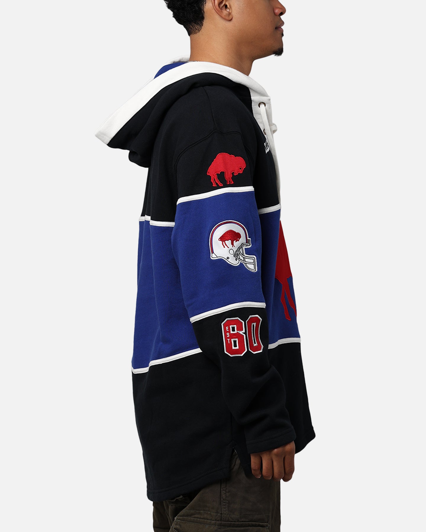 47 Brand Buffalo Bills NFL Legacy Lacer Hoodie for Men - Jet Black Pullover Sweatshirt with Team Logo - Perfect for Game Day, Tailgating & Casual Wear