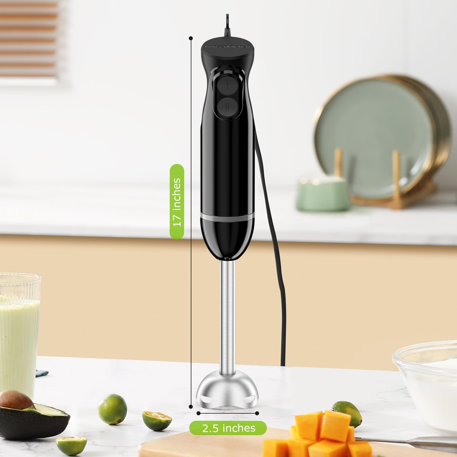 Bonsenkitchen Immersion Hand Blender - 2-Speed Electric Stick Mixer with Stainless Steel Blades for Smoothies, Soups, Purees & Baby Food - Perfect for Kitchen, Baby Food Prep & Healthy Blending at Home