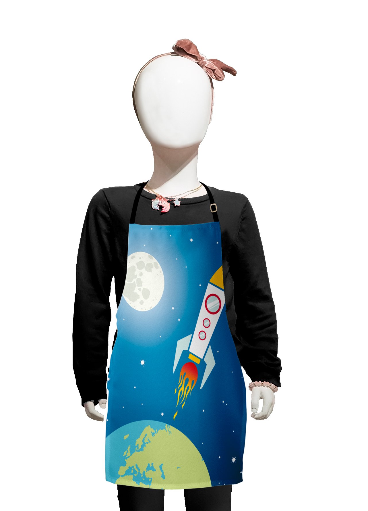 Lunarable Cartoon Apron - Rocket Galaxy Astronaut Spaceship Shuttle Universe Travel Stars Earth Print - Adjustable Bib Apron for Baking, Painting & Cooking - Small Size in Apple Green, Blue & Grey - Perfect for Kids & Adults Kitchen Activities, Arts & Crafts, BBQ Parties