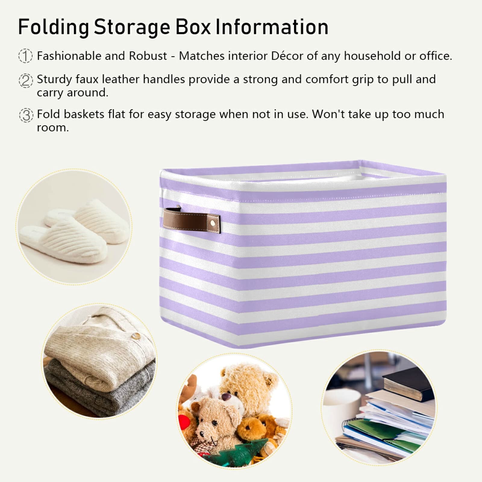 White Lilac Striped Storage Basket - Large Collapsible Cube Organizer with PU Handles for Shelf, Closet, Nursery & Laundry | Perfect for Home Organization, Baby Room Storage & Closet Decluttering (1 Pack)