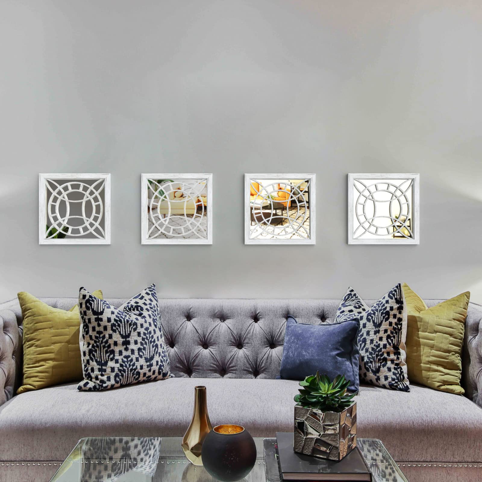 Square Mirror Wall Decor 4PCS - Farmhouse Entryway Mirrors for Living Room, Kitchen & Bathroom (12”x12”)
