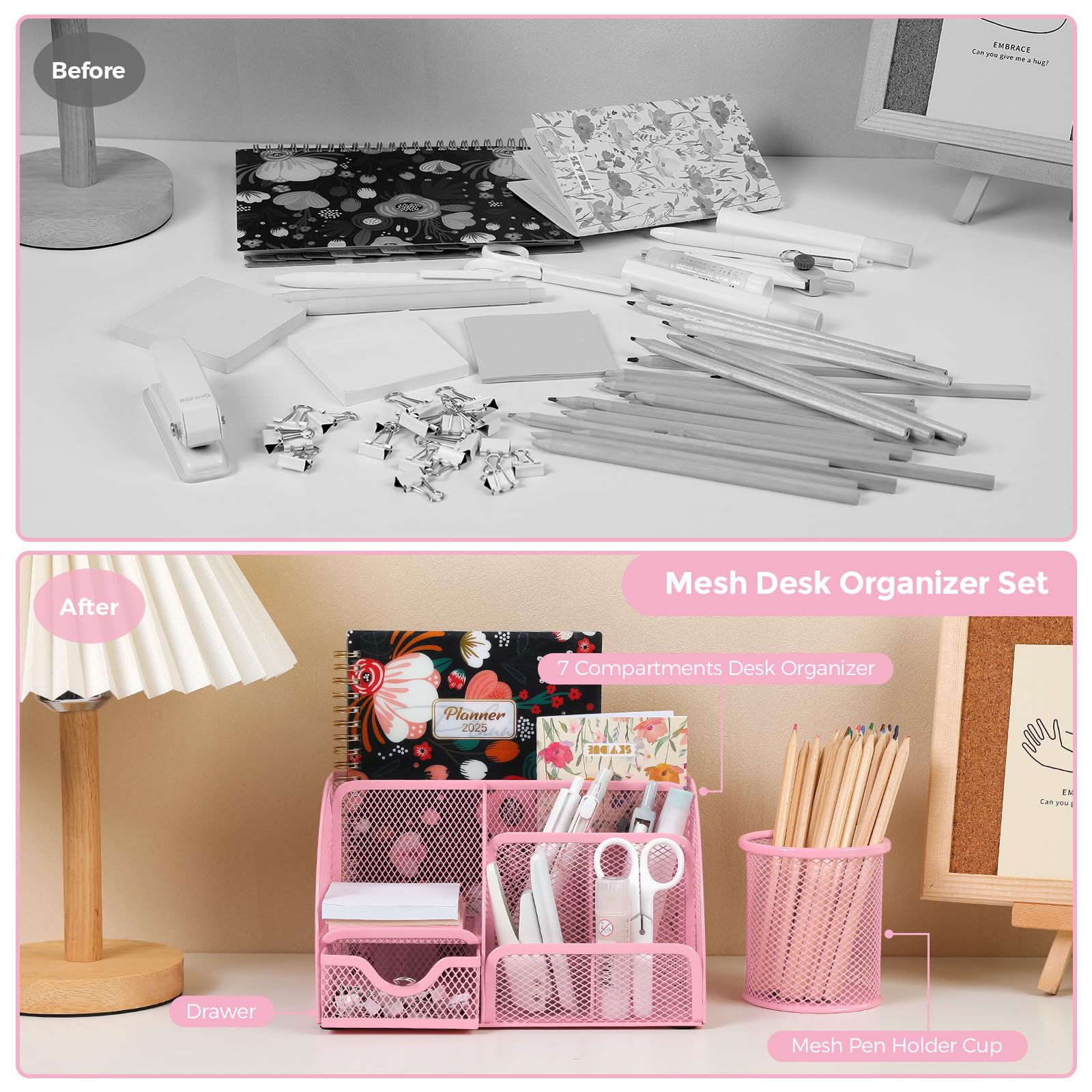 SKYDUE Pink Desk Organizer Set - Mesh Desk Accessories with Stapler, Tape Dispenser, Scissors, Binder Clips & 1000 Staples - Stylish Office Supplies for Women | Perfect for Home Office, School & Workspace Organization