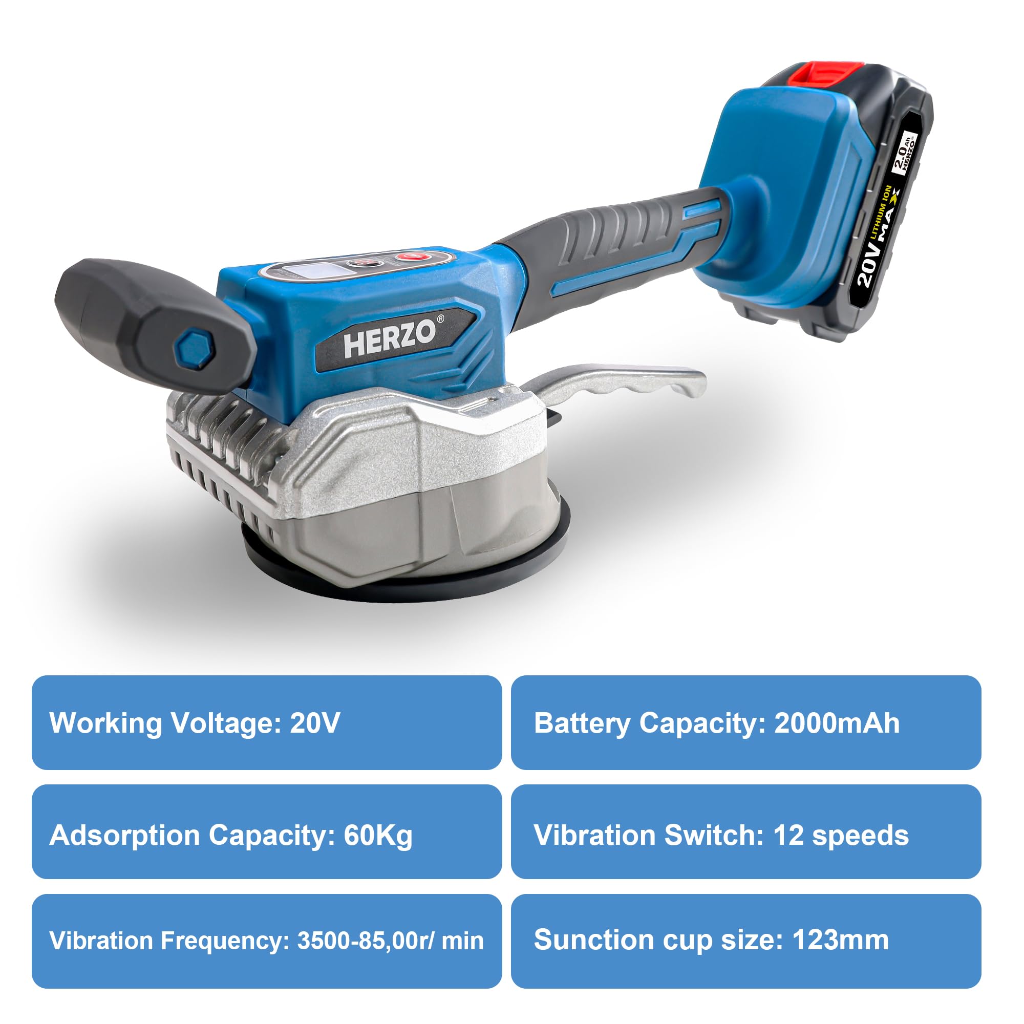 HERZO 20V Tile Vibration Leveling Machine - 12-Speed Adjustable Tiler Vibrator with Digital Display, Suction Cup & Lock Design - Perfect for Floor, Wall & Tile Installation (Includes 2 Batteries) - Ideal for DIY Home Renovation & Professional Construction Projects