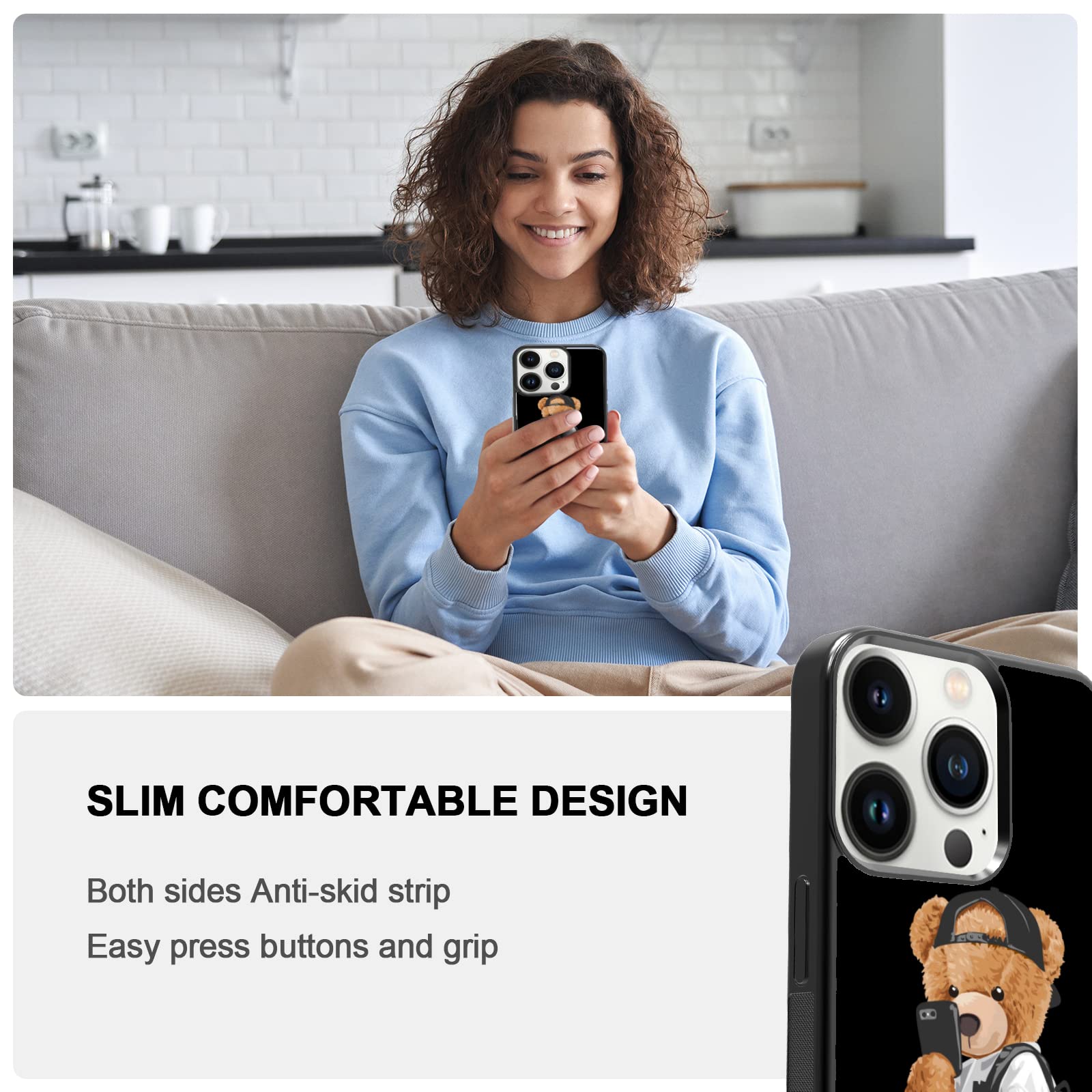 FANXI Cute Bear Shockproof Phone Case for iPhone 13 Pro Max 6.7 Inch - Protective Stylish Cover for Men Women Boys Girls Teens - Perfect for Daily Use, Work, School & Outdoor Activities - Black