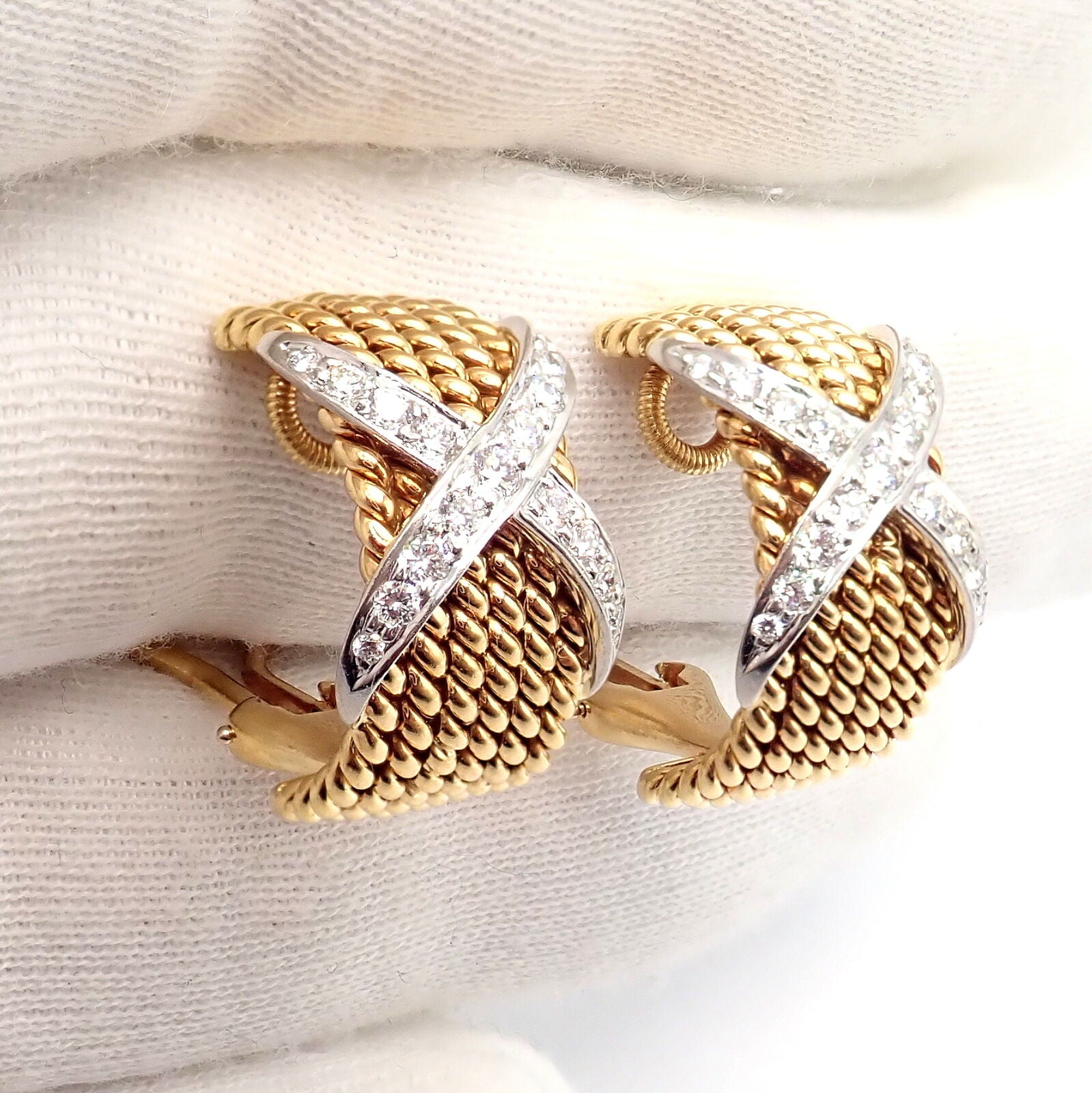 Tiffany & Co Schlumberger 18k Yellow Gold Platinum Diamond 6 Row Rope X Earrings - Luxury Diamond Hoop Earrings for Women, Perfect for Weddings, Parties & Special Occasions
